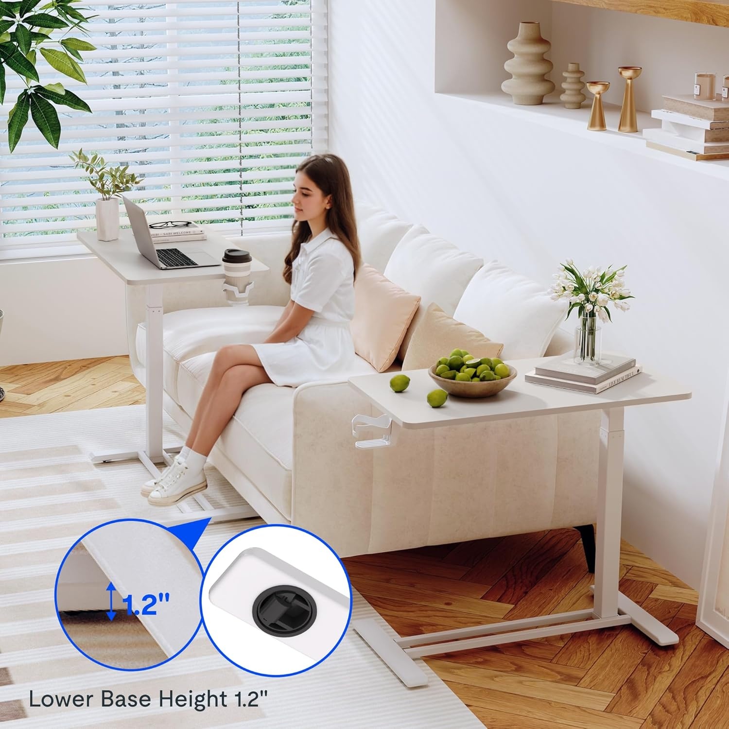 image:imageFLEXISPOT Adjustable Height CShaped End Table with Split Tilting Top Mobile Side Table for Sofa amp Bedside Slides Under Furniture Hidden Wheels for Small Spaces316W x 157DWhite Wood GrainWhite