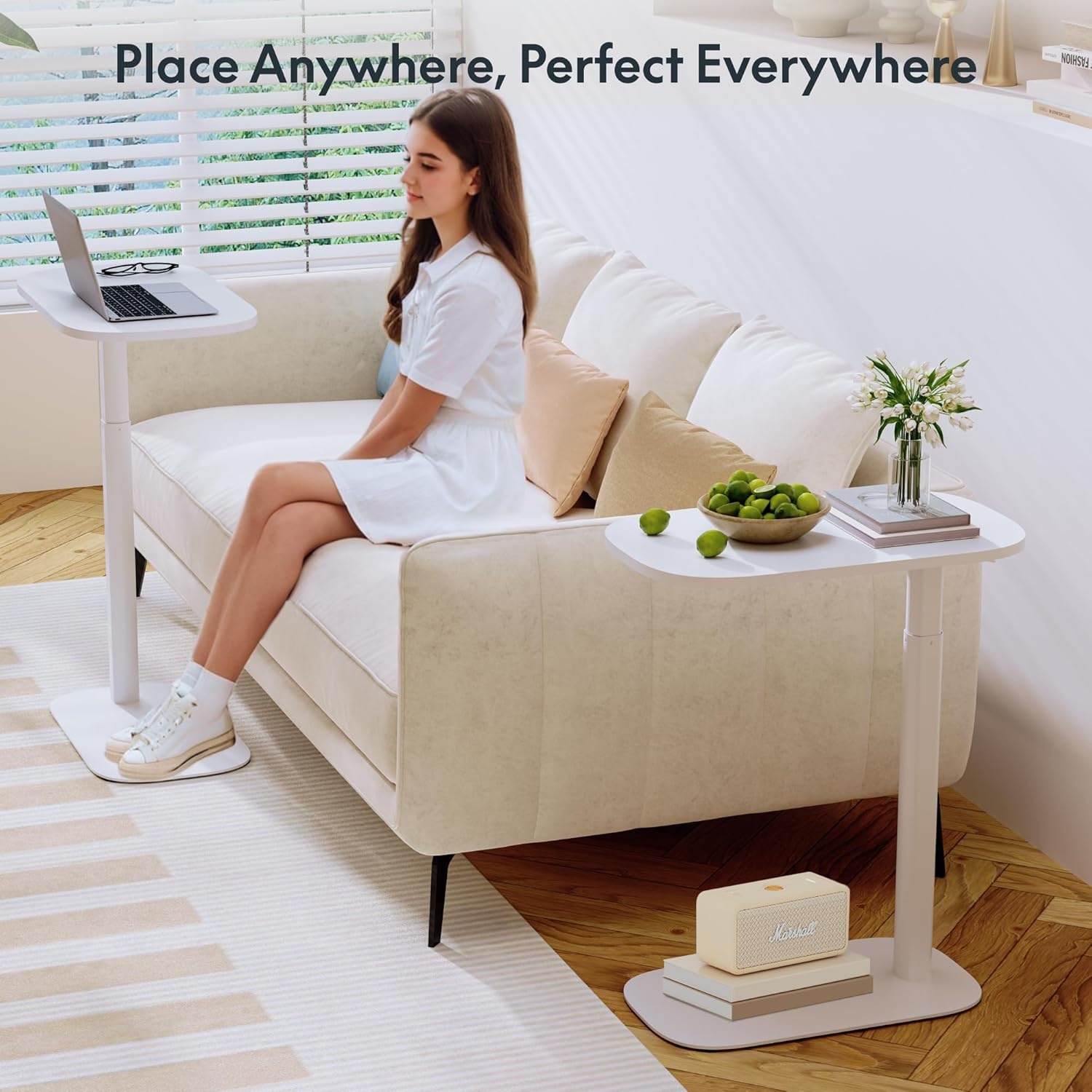 image:imageFLEXISPOT Adjustable Height CShaped End Table with Split Tilting Top Mobile Side Table for Sofa amp Bedside Slides Under Furniture Hidden Wheels for Small Spaces316W x 157DWhite Wood GrainWhite