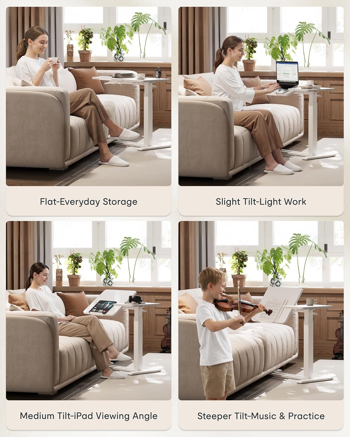 image:imageFLEXISPOT Adjustable Height CShaped End Table with Split Tilting Top Mobile Side Table for Sofa amp Bedside Slides Under Furniture Hidden Wheels for Small Spaces316W x 157DWhite Wood GrainWhite