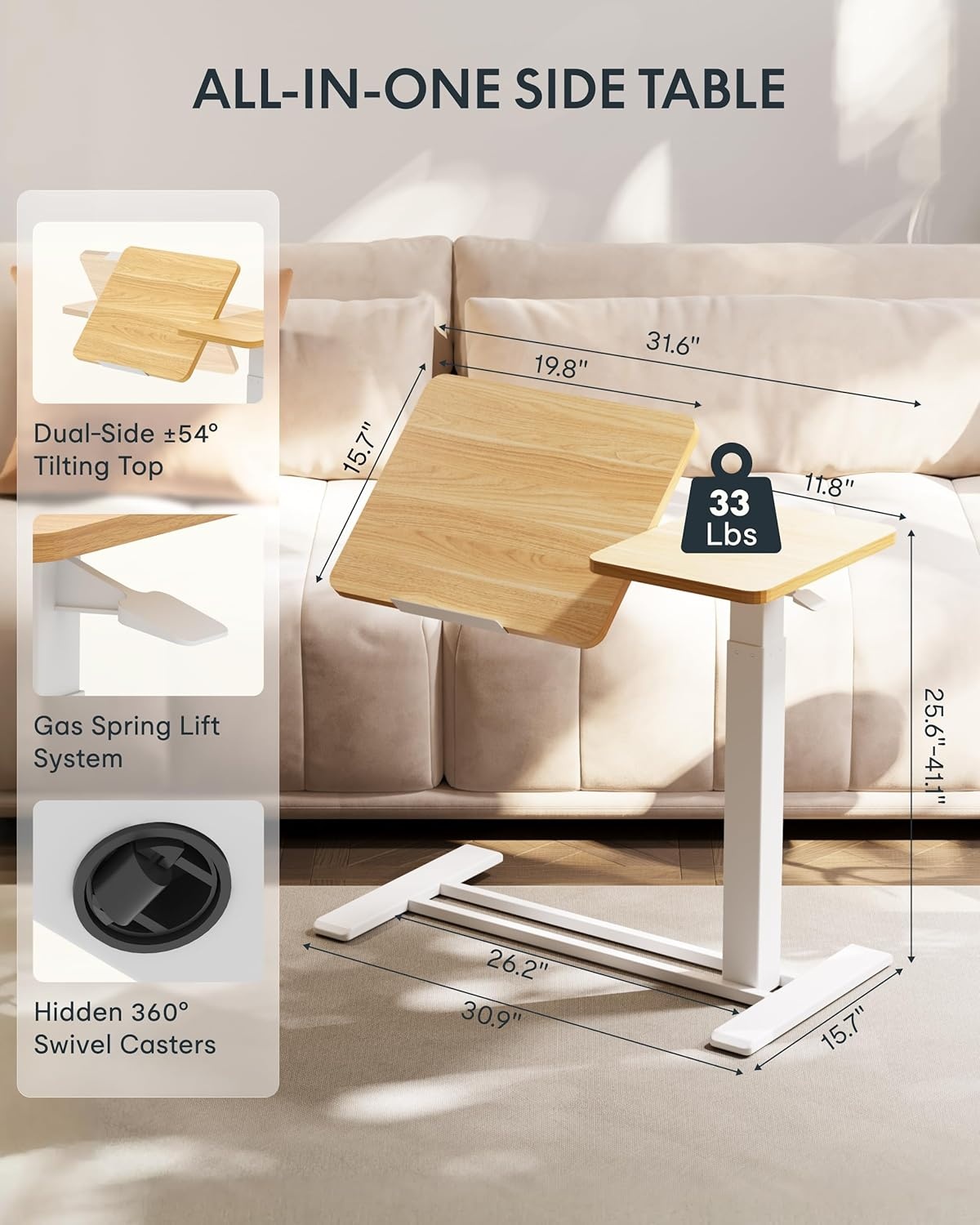 image:imageFLEXISPOT Adjustable Height CShaped End Table with Split Tilting Top Mobile Side Table for Sofa amp Bedside Slides Under Furniture Hidden Wheels for Small Spaces316W x 157DWhite Wood GrainMaple