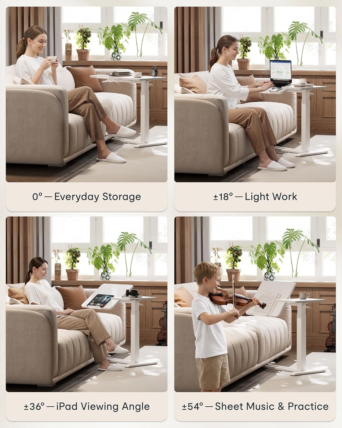 image:imageFLEXISPOT Adjustable Height CShaped End Table with Split Tilting Top Mobile Side Table for Sofa amp Bedside Slides Under Furniture Hidden Wheels for Small Spaces316W x 157DWhite Wood GrainWhite