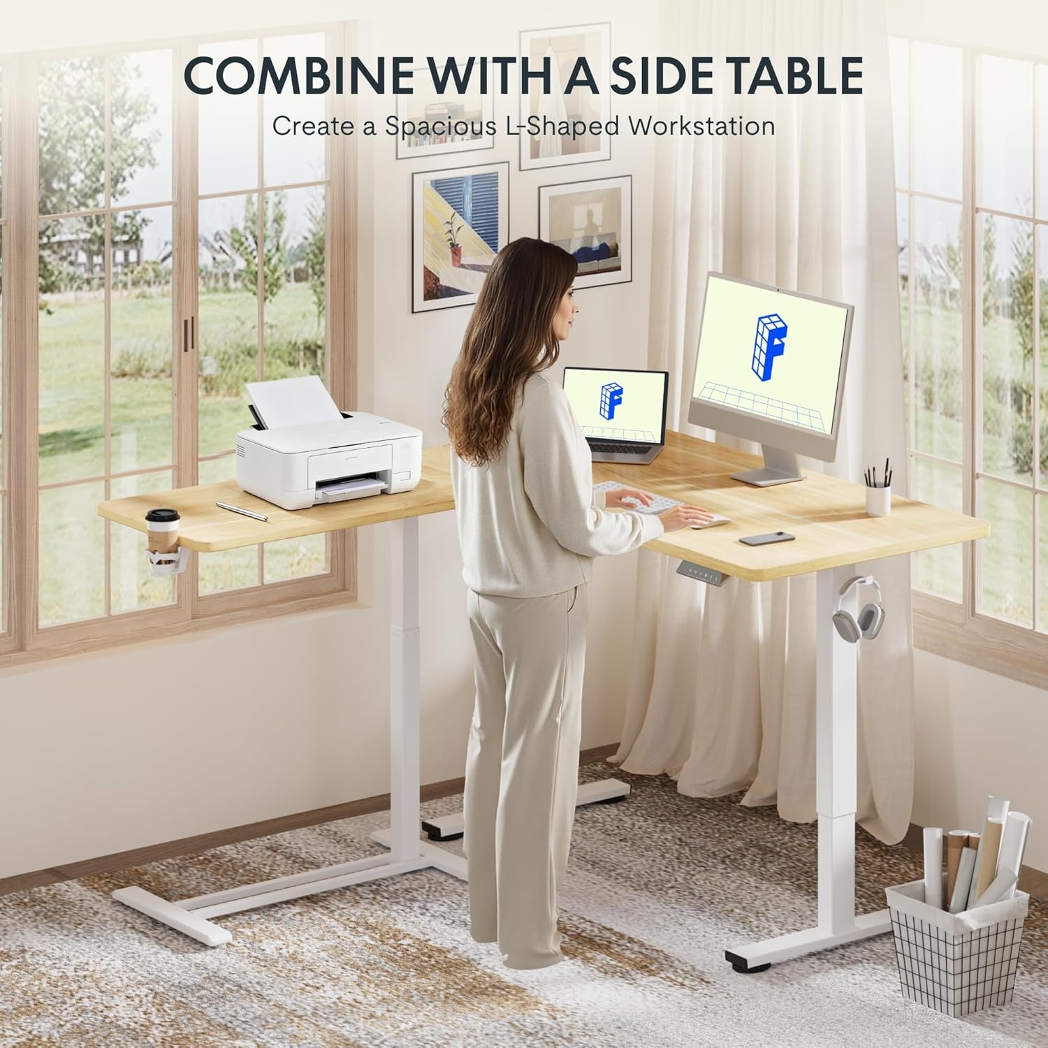 image:imageFLEXISPOT Adjustable Height CShaped End Table with Split Tilting Top Mobile Side Table for Sofa amp Bedside Slides Under Furniture Hidden Wheels for Small Spaces316W x 157DWhite Wood GrainMaple