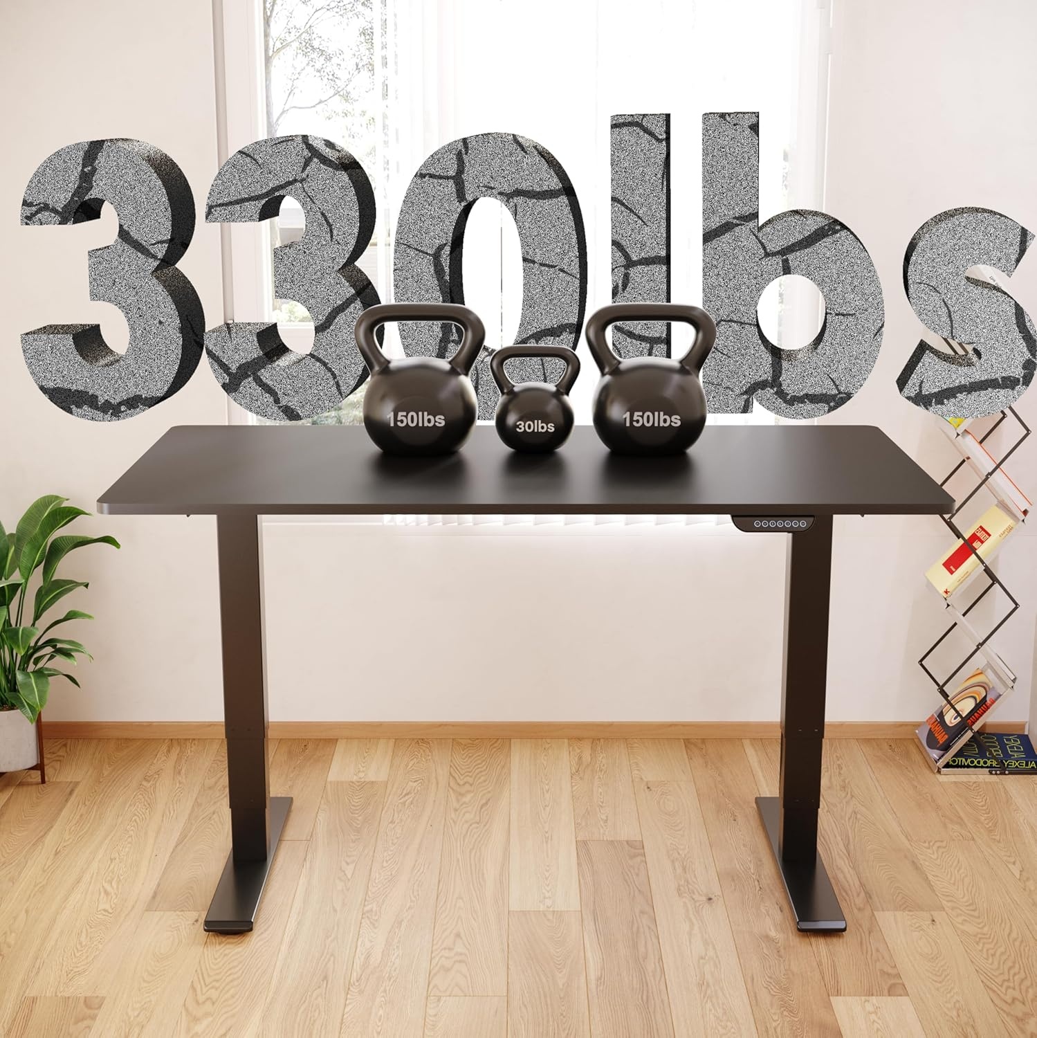 image:imageFLEXISPOT E6 MAX Bamboo 55x28 Inch Dual Motor 3Stage Heavy Duty Standing Desk 330lbs Weight Capacity Height Adjustable Desk wCable Management amp Wheels Solid Bamboo Desktop White FrameBlack Frame Black Top