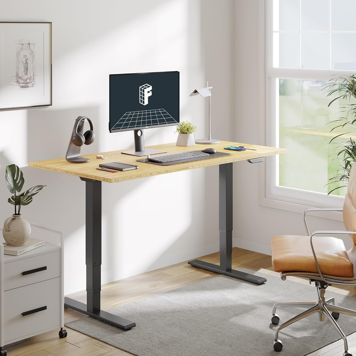 image:imageFLEXISPOT E6 MAX Bamboo 55x28 Inch Dual Motor 3Stage Heavy Duty Standing Desk 330lbs Weight Capacity Height Adjustable Desk wCable Management amp Wheels Solid Bamboo Desktop White FrameBlack Frame Bamboo Top