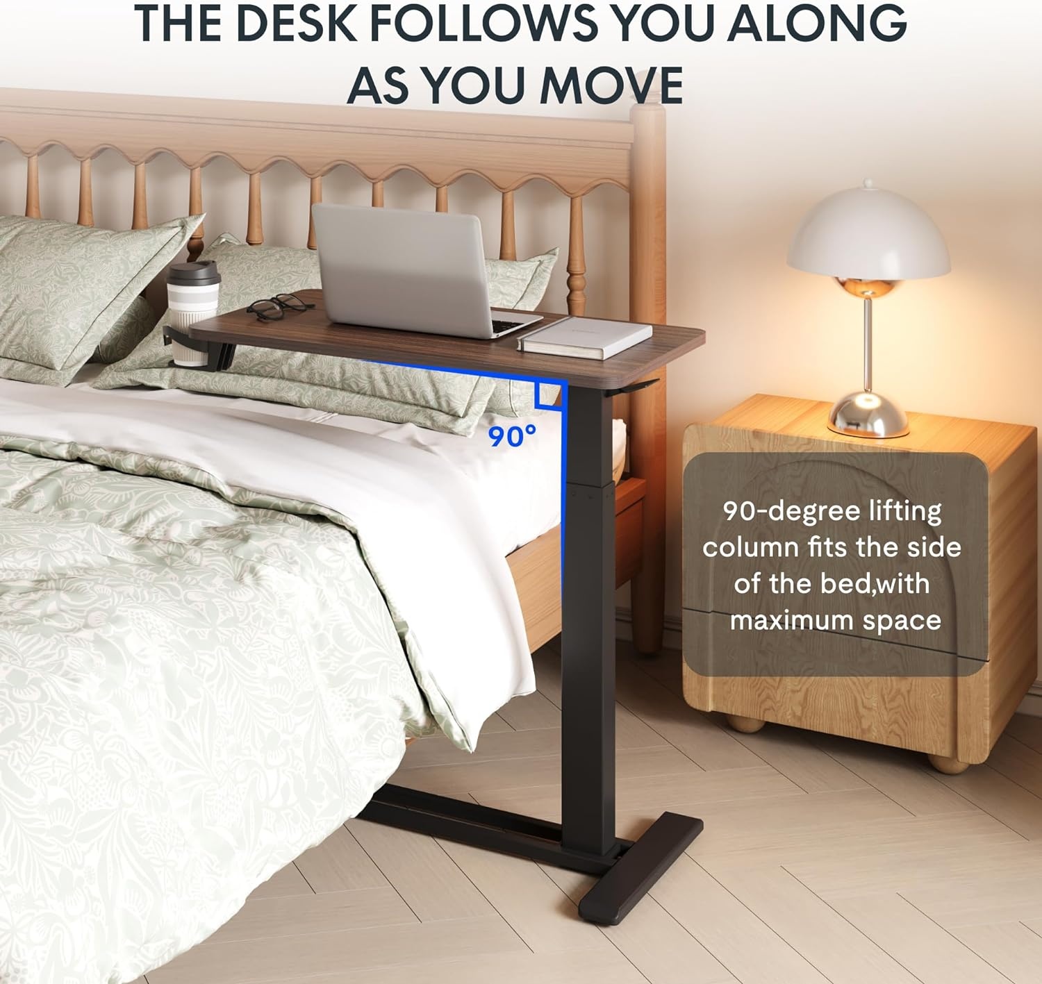image:imageFLEXISPOT H7 Adjustable Overbed Bedside Table with Wheels Pneumatic Mobile Standing Desk Laptop Desk Rolling Computer Cart Movable Overbed Table Hospital Home Use276 W x 157 D WhiteMahogany