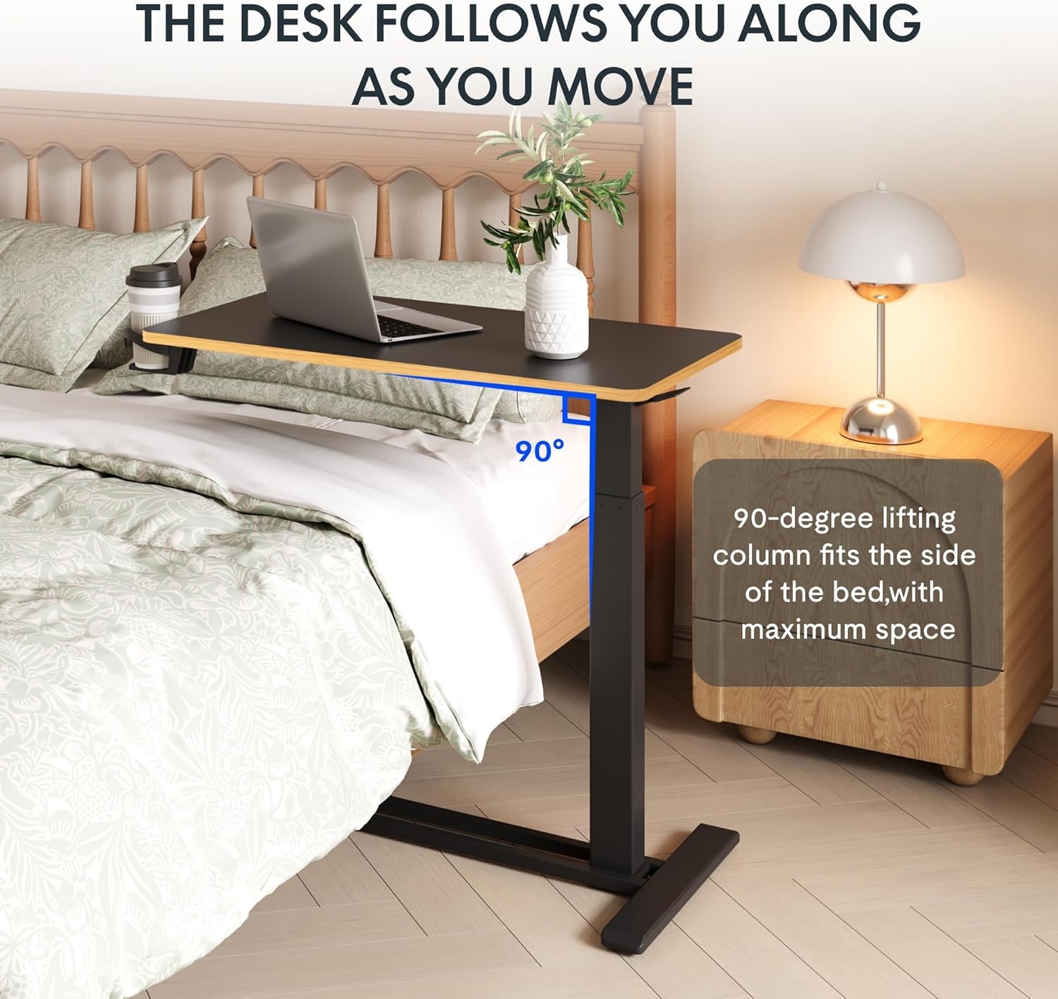 image:imageFLEXISPOT H7 Adjustable Overbed Bedside Table with Wheels Pneumatic Mobile Standing Desk Laptop Desk Rolling Computer Cart Movable Overbed Table Hospital Home Use276 W x 157 D WhiteBlack Maple
