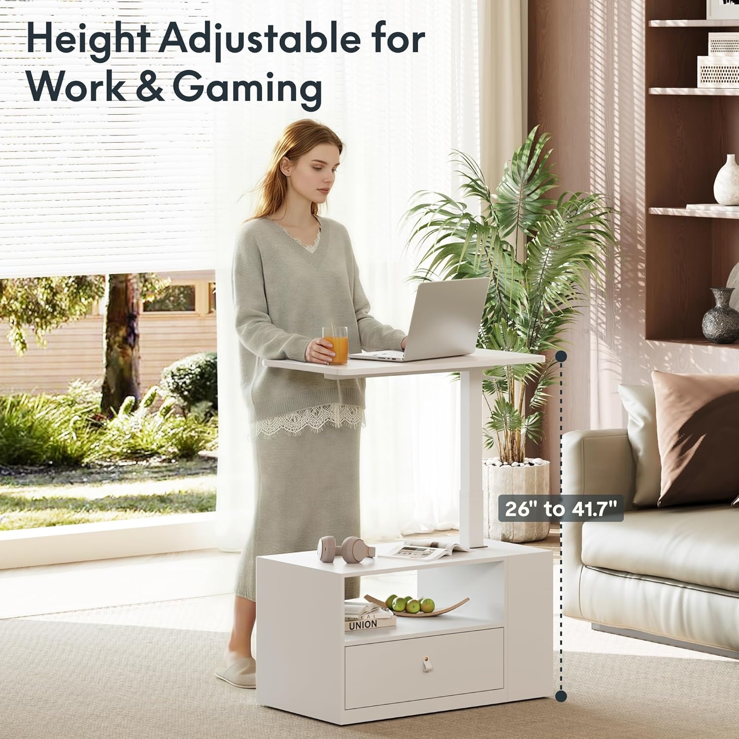 image:imageFLEXISPOT H7 CAB Height Adjustable SitStand Computer Workstation Desk with Storage Pneumatic Lift Laptop Desk with Drawer amp Cabinet Compact Small Space Home Office Desk 258413 WhiteWhitemaple