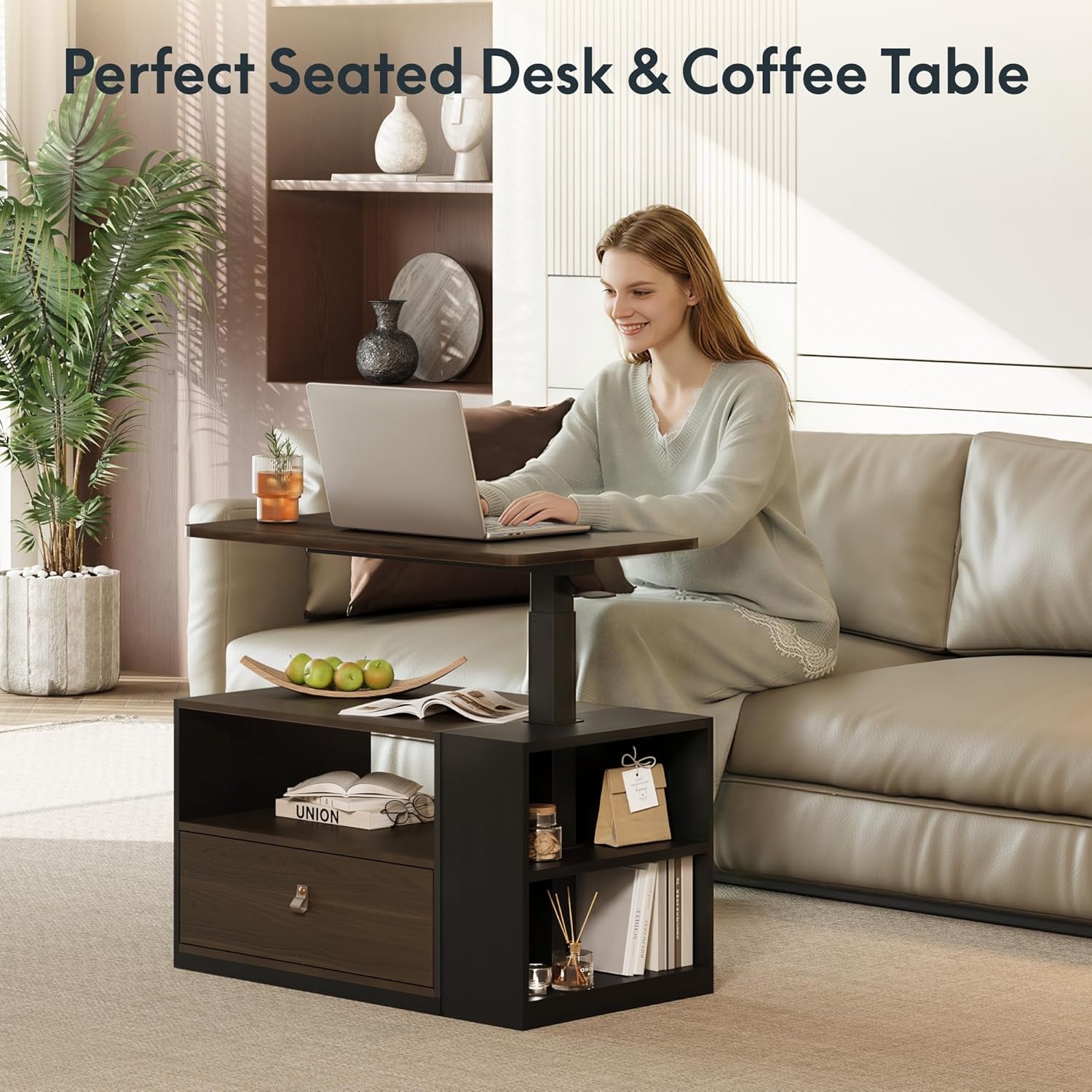 image:imageFLEXISPOT H7 CAB Height Adjustable SitStand Computer Workstation Desk with Storage Pneumatic Lift Laptop Desk with Drawer amp Cabinet Compact Small Space Home Office Desk 258413 WhiteWalnut Set