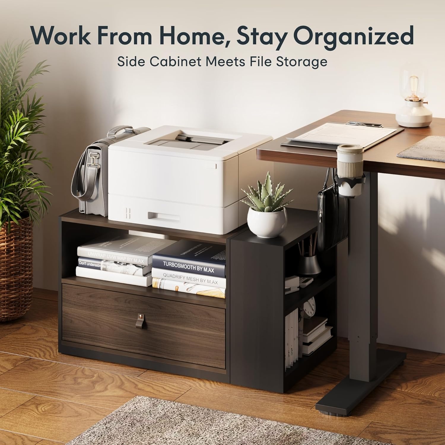 image:imageFLEXISPOT H7 CAB Height Adjustable SitStand Computer Workstation Desk with Storage Pneumatic Lift Laptop Desk with Drawer amp Cabinet Compact Small Space Home Office Desk 258413 WhiteWalnut Cabinet