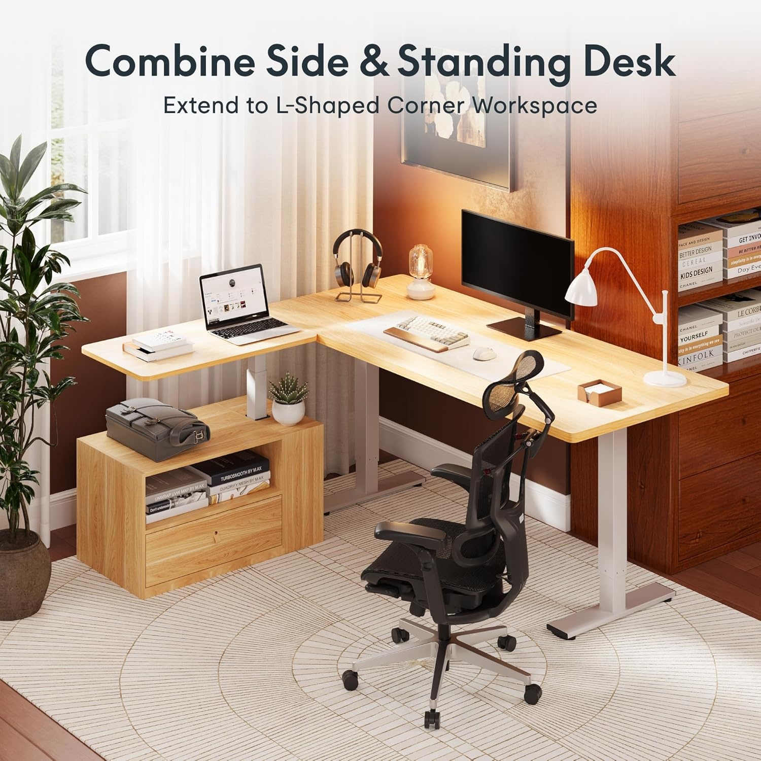 image:imageFLEXISPOT H7 CAB Height Adjustable SitStand Computer Workstation Desk with Storage Pneumatic Lift Laptop Desk with Drawer amp Cabinet Compact Small Space Home Office Desk 258413 WhiteMaple Cabinet
