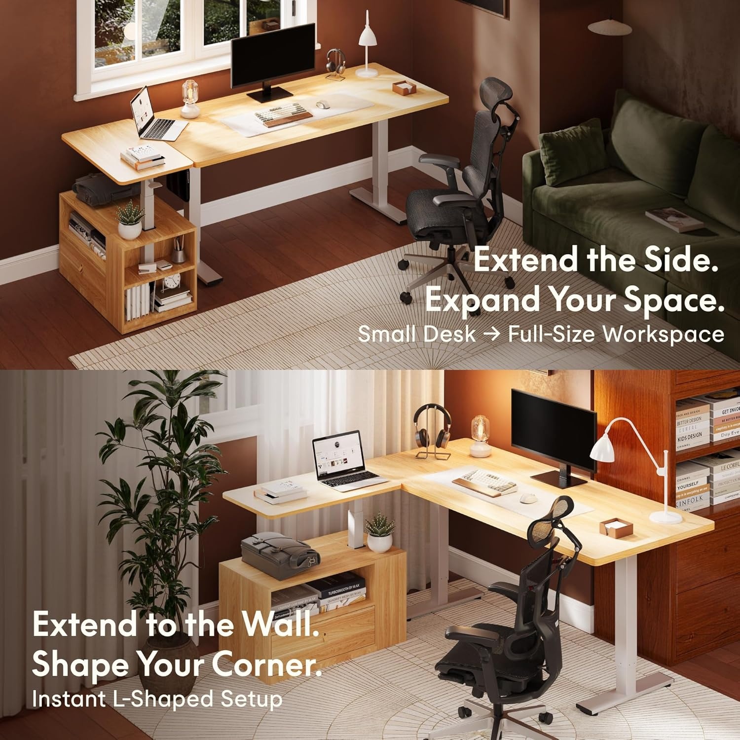 image:imageFLEXISPOT H7 CAB Height Adjustable SitStand Computer Workstation Desk with Storage Pneumatic Lift Laptop Desk with Drawer amp Cabinet Compact Small Space Home Office Desk 258413 WhiteMaple Set