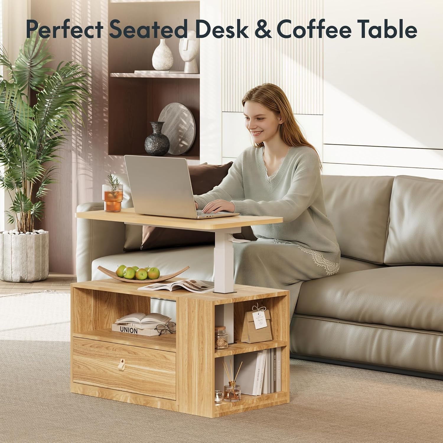image:imageFLEXISPOT H7 CAB Height Adjustable SitStand Computer Workstation Desk with Storage Pneumatic Lift Laptop Desk with Drawer amp Cabinet Compact Small Space Home Office Desk 258413 WhiteMaple Set