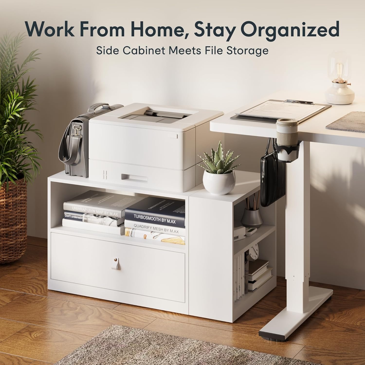 image:imageFLEXISPOT H7 CAB Height Adjustable SitStand Computer Workstation Desk with Storage Pneumatic Lift Laptop Desk with Drawer amp Cabinet Compact Small Space Home Office Desk 258413 WhiteWhite Cabinet