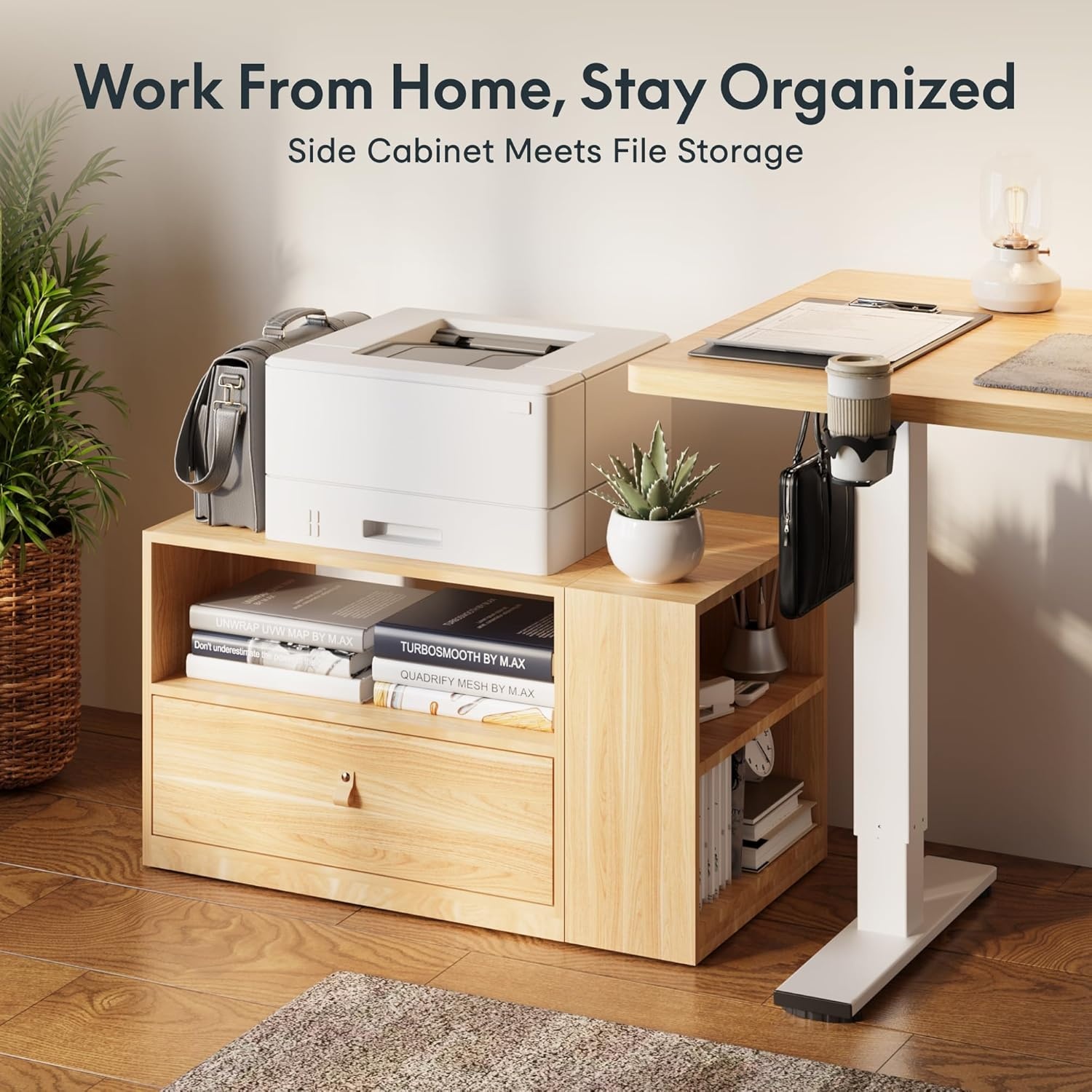 image:imageFLEXISPOT H7 CAB Height Adjustable SitStand Computer Workstation Desk with Storage Pneumatic Lift Laptop Desk with Drawer amp Cabinet Compact Small Space Home Office Desk 258413 WhiteMaple Cabinet