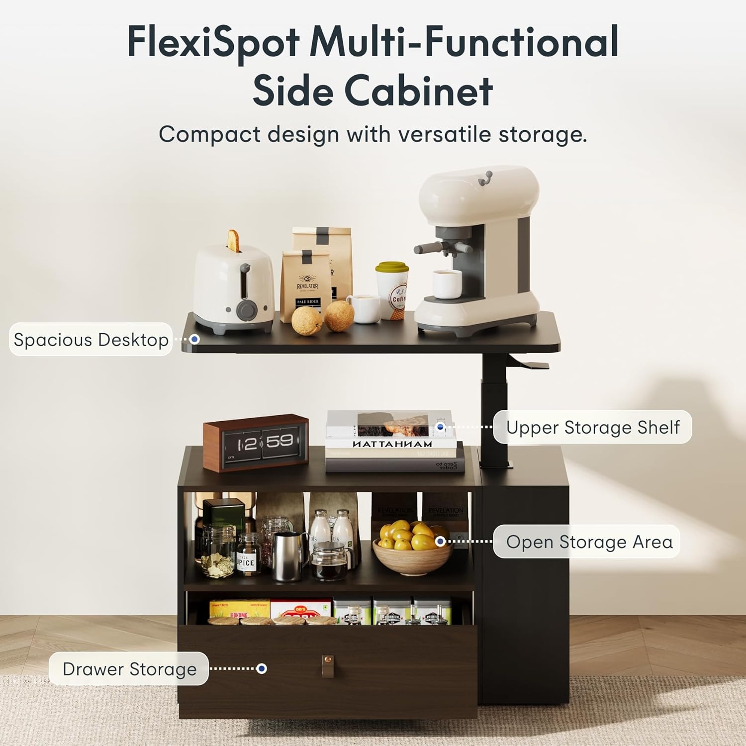 image:imageFLEXISPOT H7 CAB Height Adjustable SitStand Computer Workstation Desk with Storage Pneumatic Lift Laptop Desk with Drawer amp Cabinet Compact Small Space Home Office Desk 258413 WhiteBlack Set
