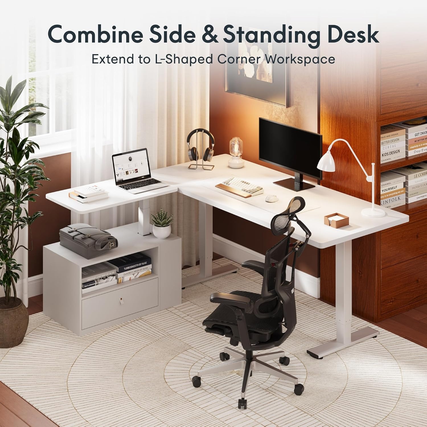 image:imageFLEXISPOT H7 CAB Height Adjustable SitStand Computer Workstation Desk with Storage Pneumatic Lift Laptop Desk with Drawer amp Cabinet Compact Small Space Home Office Desk 258413 WhiteWhite Cabinet