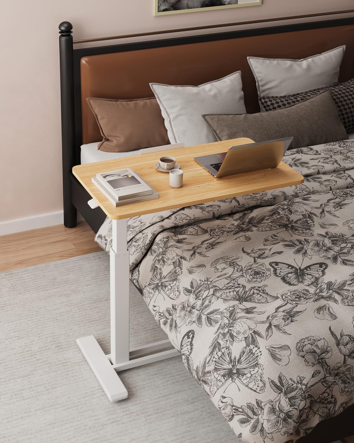 image:imageFLEXISPOT H7 PRO Mobile Standing Desk Adjustable Overbed Table Pneumatic with Wheels 90Tiltable Portable Laptop Desk Rolling Computer Cart Foldable Bedside Table276 W x 157 D WhiteMaple