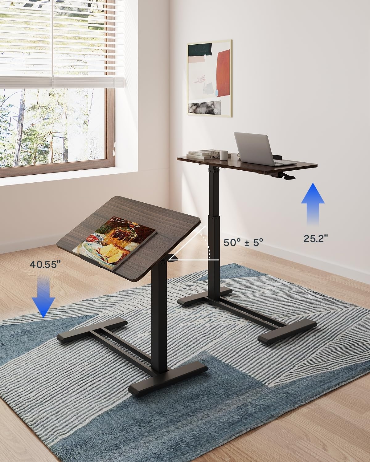 image:imageFLEXISPOT H7 PRO Mobile Standing Desk Adjustable Overbed Table Pneumatic with Wheels 90Tiltable Portable Laptop Desk Rolling Computer Cart Foldable Bedside Table276 W x 157 D WhiteRustic Brown