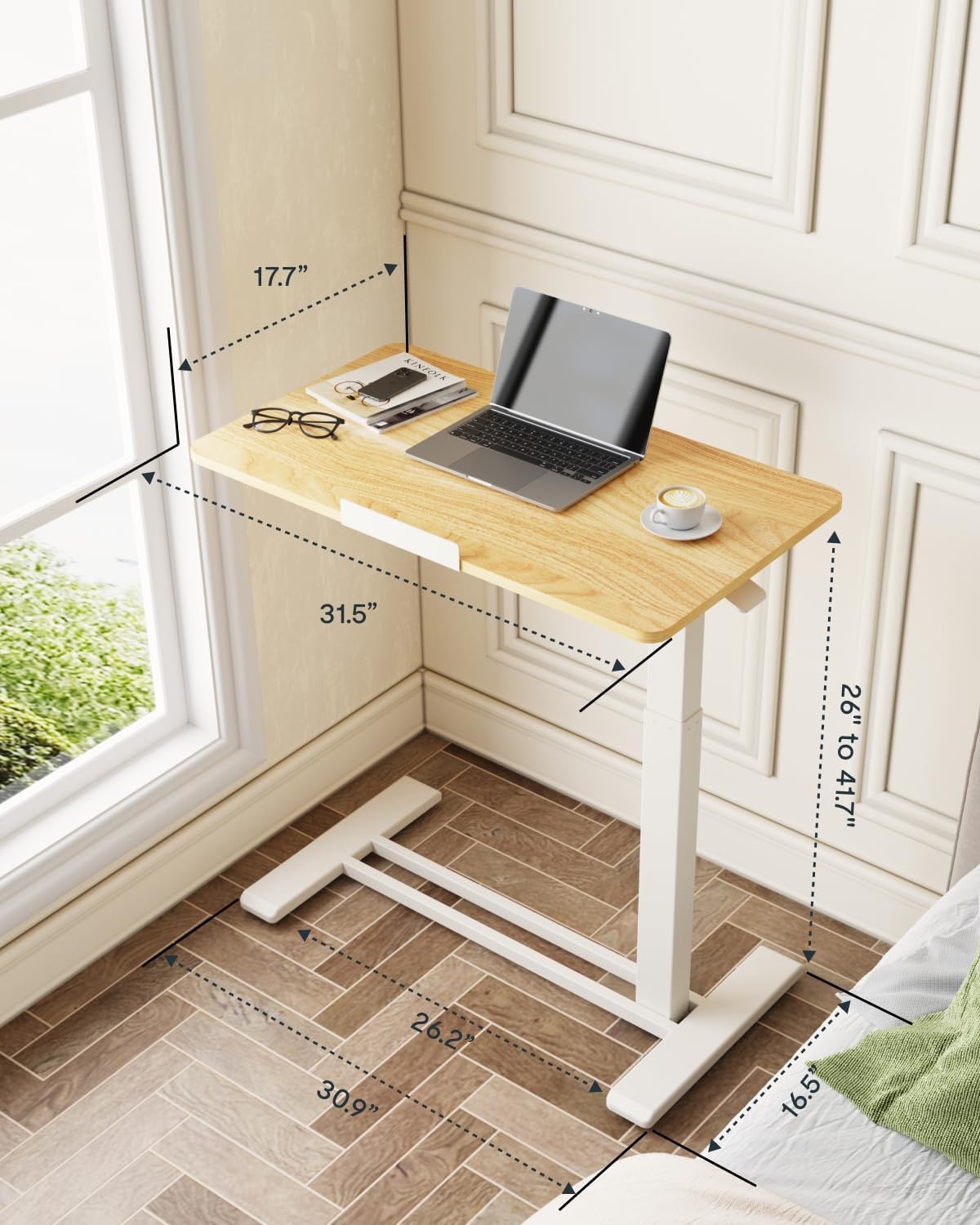 image:imageFLEXISPOT H7 PRO Mobile Standing Desk Adjustable Overbed Table Pneumatic with Wheels 90Tiltable Portable Laptop Desk Rolling Computer Cart Foldable Bedside Table276 W x 157 D WhiteMaple