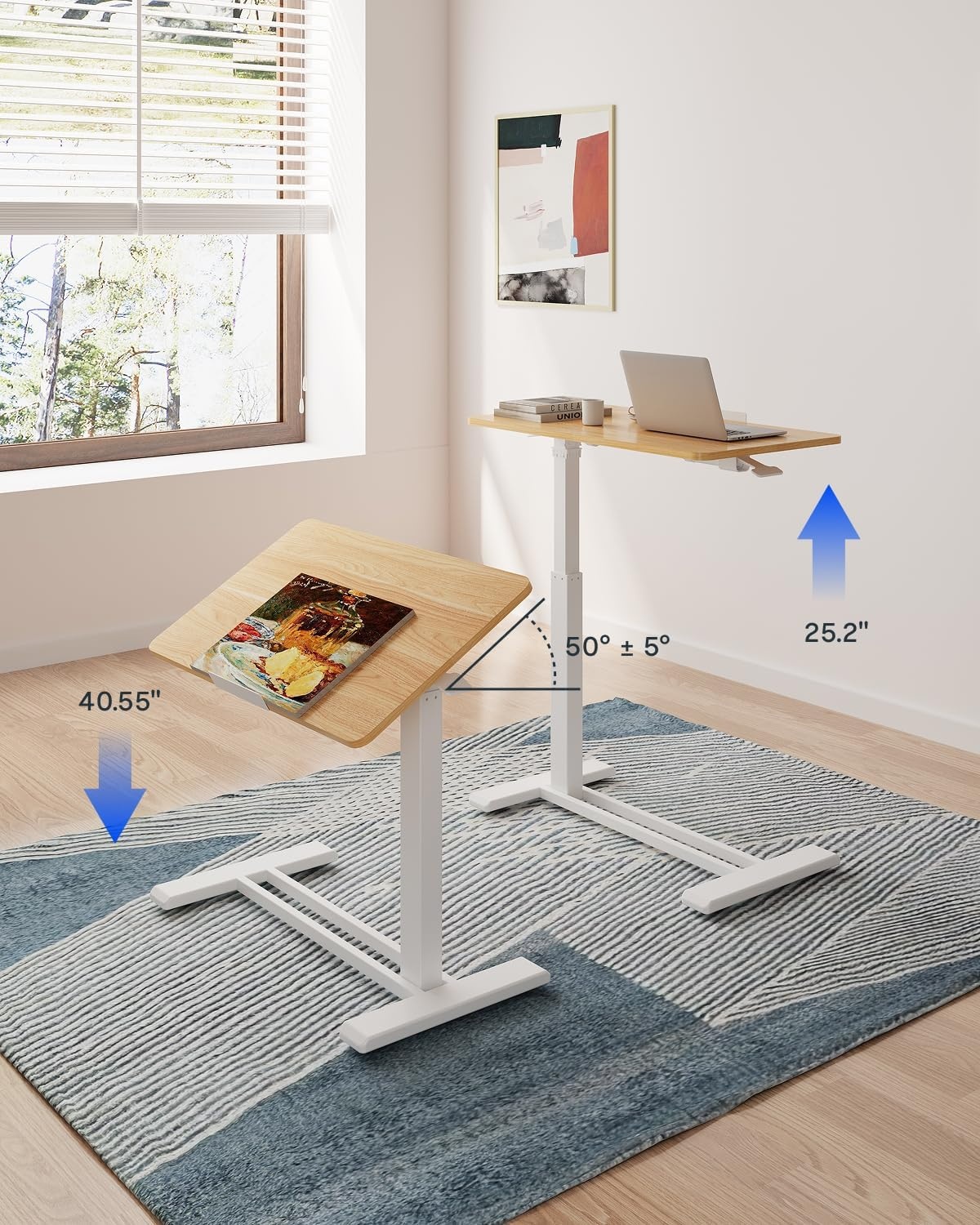 image:imageFLEXISPOT H7 PRO Mobile Standing Desk Adjustable Overbed Table Pneumatic with Wheels 90Tiltable Portable Laptop Desk Rolling Computer Cart Foldable Bedside Table276 W x 157 D WhiteMaple