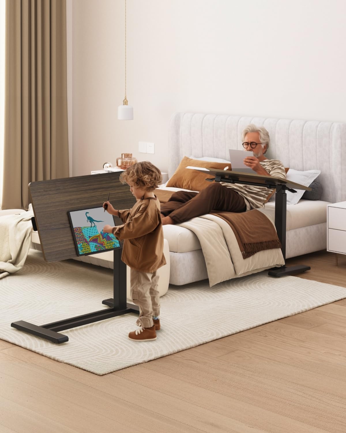 image:imageFLEXISPOT H7 PRO Mobile Standing Desk Adjustable Overbed Table Pneumatic with Wheels 90Tiltable Portable Laptop Desk Rolling Computer Cart Foldable Bedside Table276 W x 157 D WhiteRustic Brown
