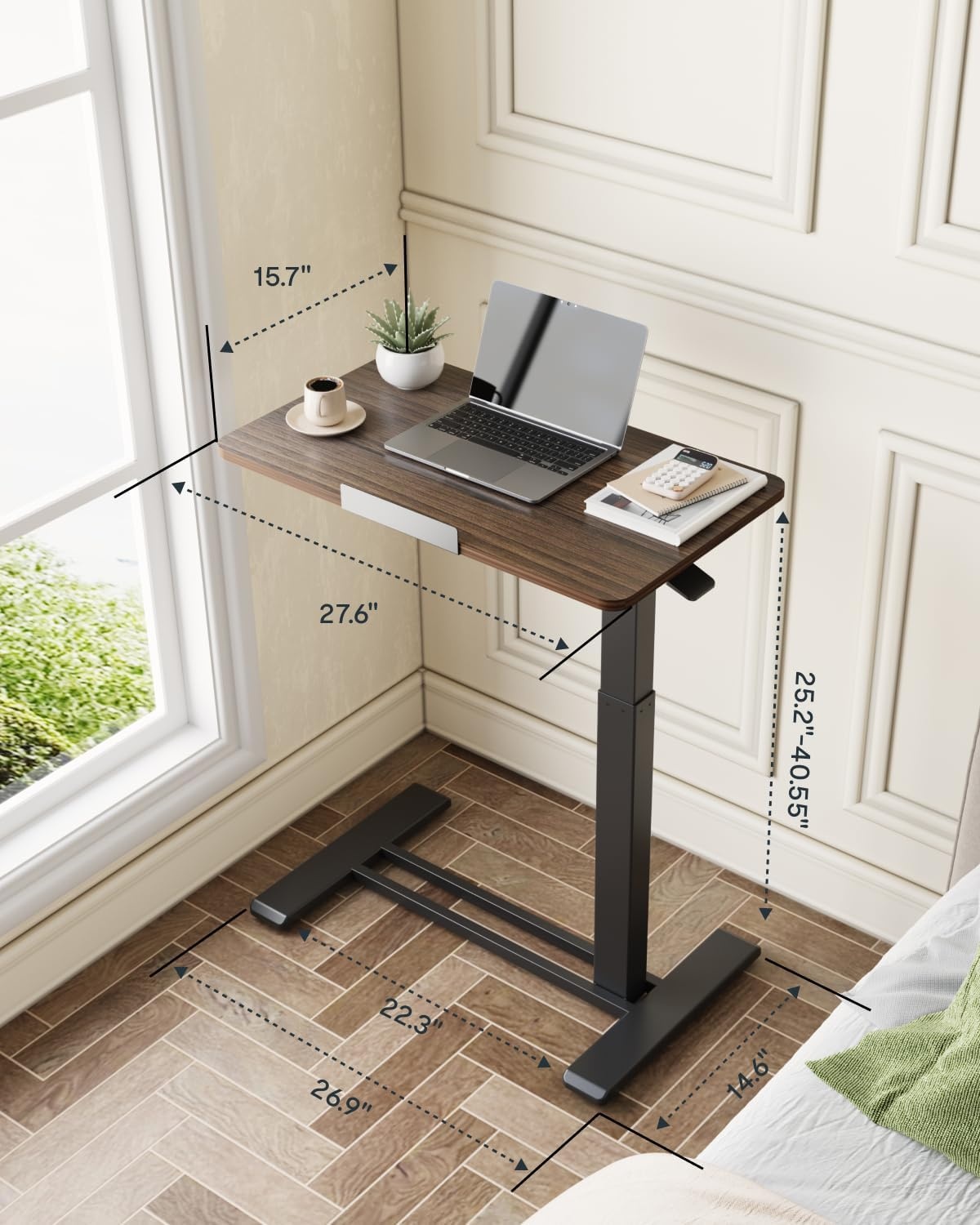 image:imageFLEXISPOT H7 PRO Mobile Standing Desk Adjustable Overbed Table Pneumatic with Wheels 90Tiltable Portable Laptop Desk Rolling Computer Cart Foldable Bedside Table276 W x 157 D WhiteRustic Brown