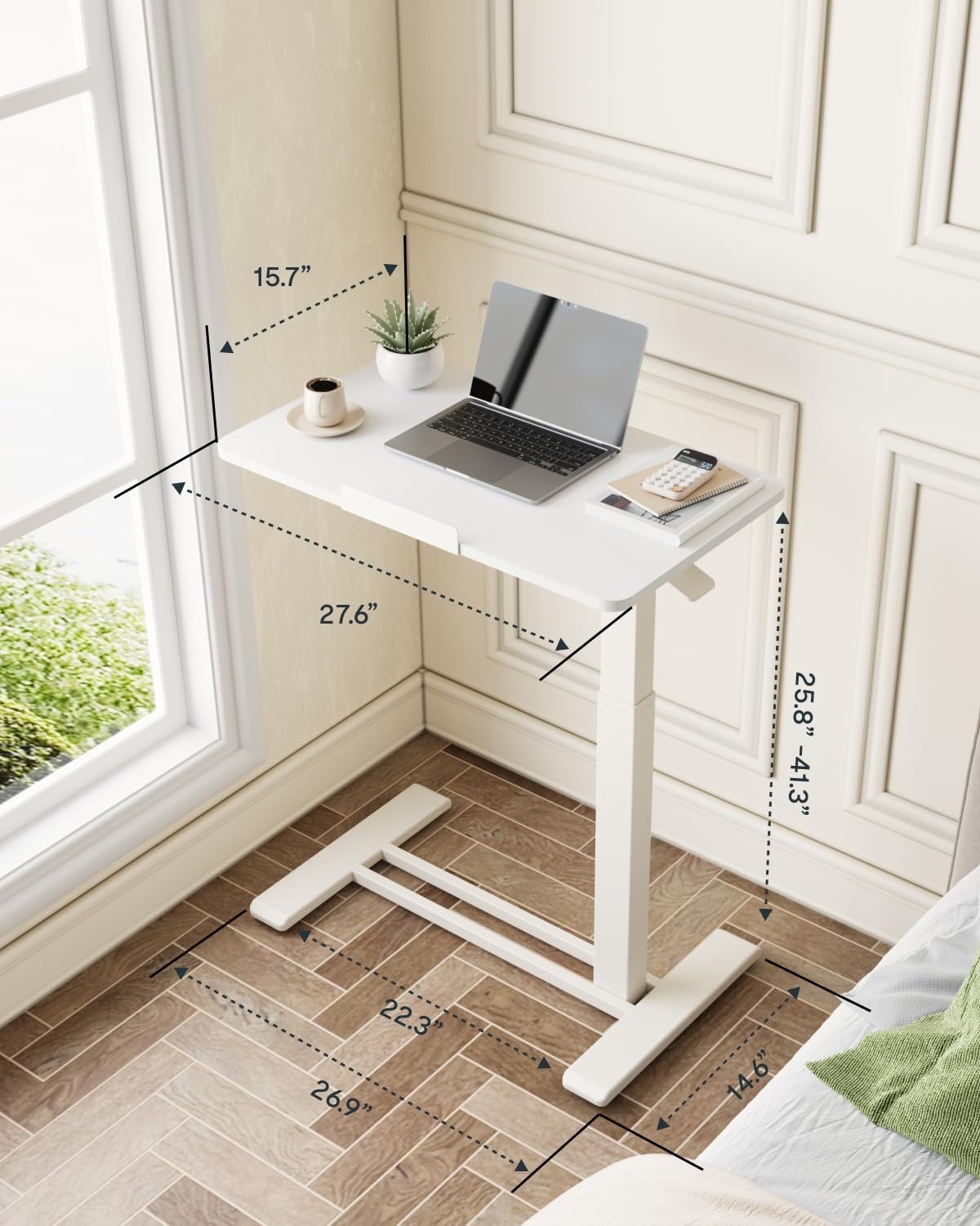 image:imageFLEXISPOT H7 PRO Mobile Standing Desk Adjustable Overbed Table Pneumatic with Wheels 90Tiltable Portable Laptop Desk Rolling Computer Cart Foldable Bedside Table276 W x 157 D WhiteWhite