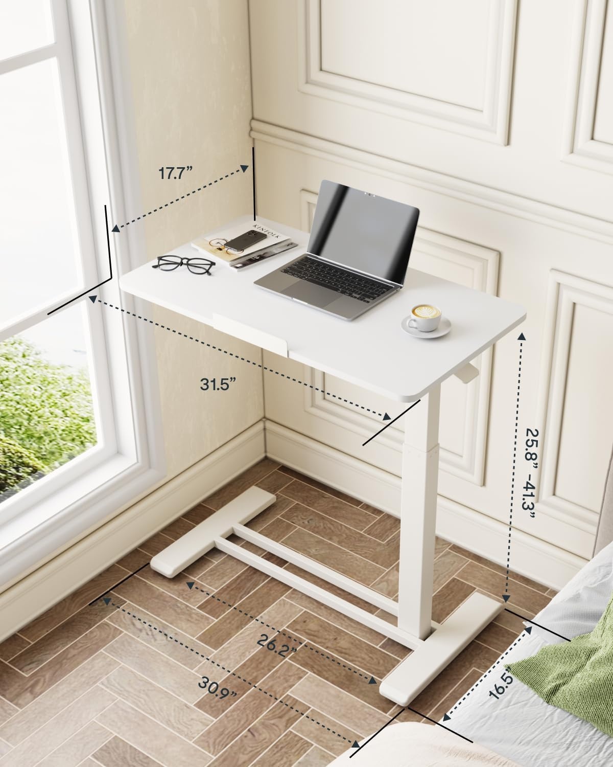image:imageFLEXISPOT H7 PRO Mobile Standing Desk Adjustable Overbed Table Pneumatic with Wheels 90Tiltable Portable Laptop Desk Rolling Computer Cart Foldable Bedside Table276 W x 157 D WhiteWhite