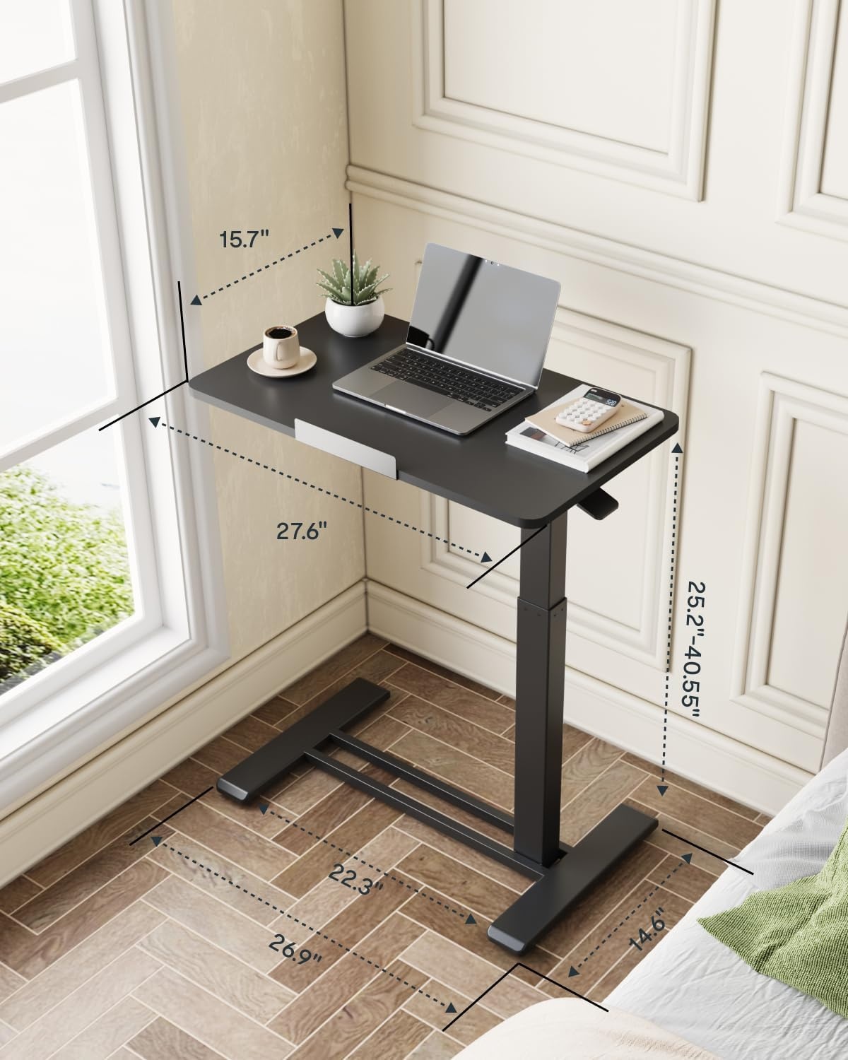 image:imageFLEXISPOT H7 PRO Mobile Standing Desk Adjustable Overbed Table Pneumatic with Wheels 90Tiltable Portable Laptop Desk Rolling Computer Cart Foldable Bedside Table276 W x 157 D WhiteBlack