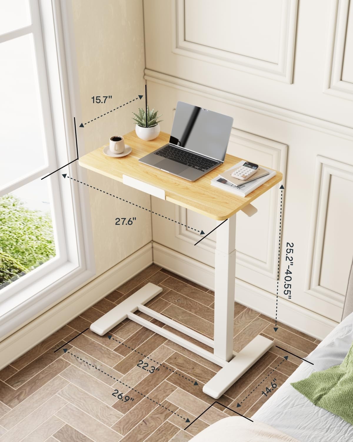 image:imageFLEXISPOT H7 PRO Mobile Standing Desk Adjustable Overbed Table Pneumatic with Wheels 90Tiltable Portable Laptop Desk Rolling Computer Cart Foldable Bedside Table276 W x 157 D WhiteMaple