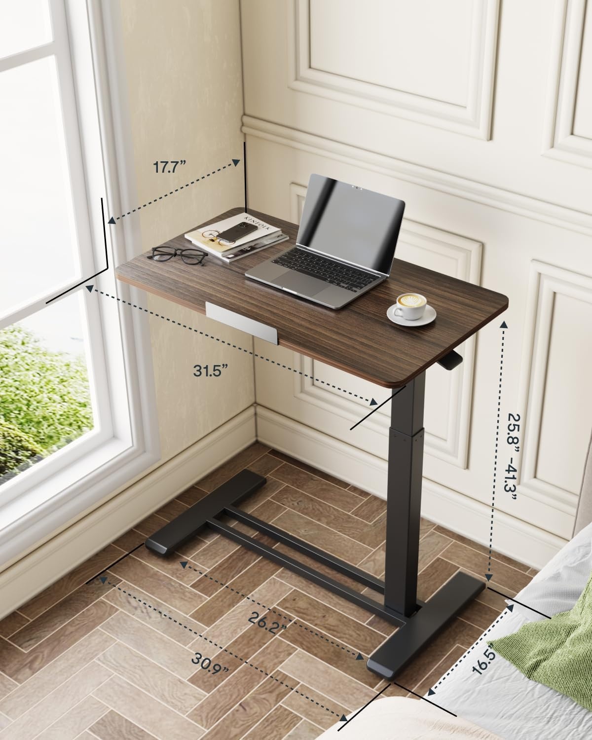 image:imageFLEXISPOT H7 PRO Mobile Standing Desk Adjustable Overbed Table Pneumatic with Wheels 90Tiltable Portable Laptop Desk Rolling Computer Cart Foldable Bedside Table276 W x 157 D WhiteRustic Brown