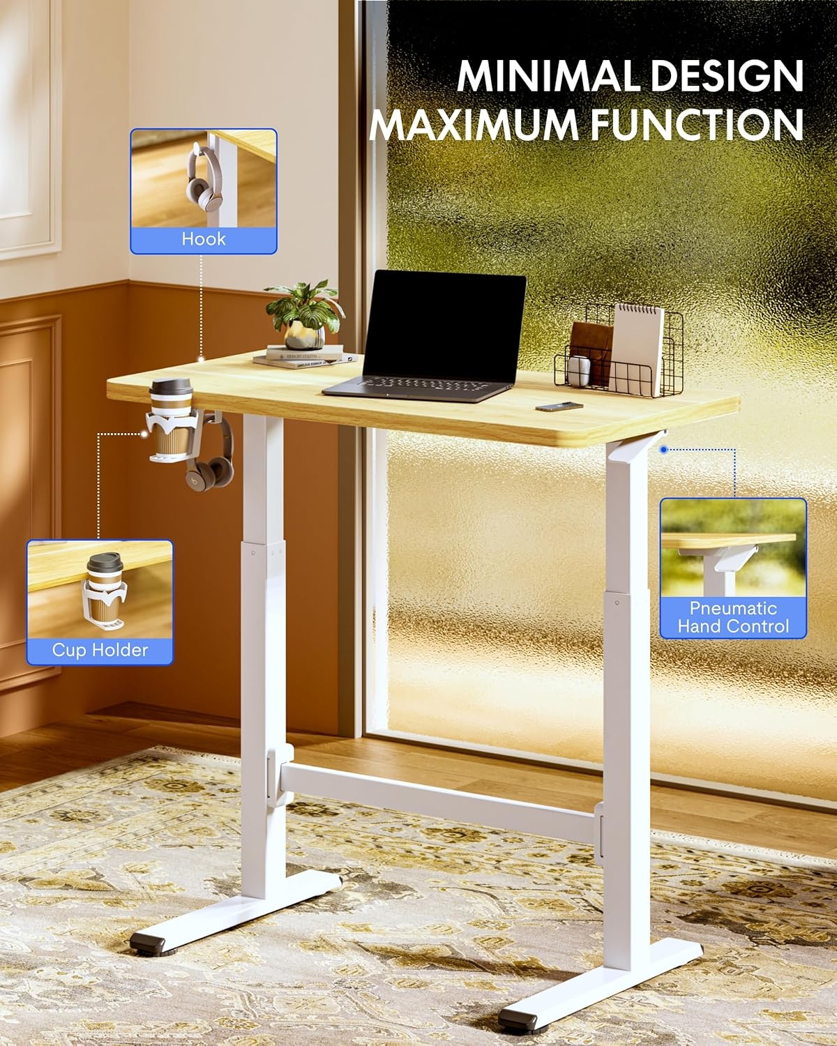 image:imageFLEXISPOT H7 Plus Gas Spring Adjustable Standing Desk Mobile Rolling SitStand Workstation with Wheel Cordless Stand Up Desk for Small Room amp Home Office 32 OnePiece Desktop Mapleheight 27645Maple