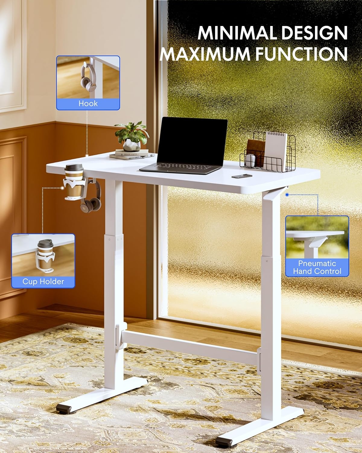 image:imageFLEXISPOT H7 Plus Gas Spring Adjustable Standing Desk Mobile Rolling SitStand Workstation with Wheel Cordless Stand Up Desk for Small Room amp Home Office 32 OnePiece Desktop Mapleheight 27645White