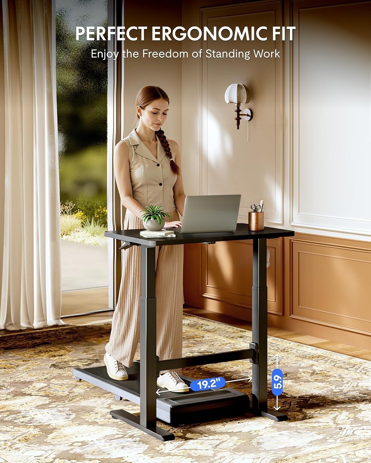image:imageFLEXISPOT H7 Plus Gas Spring Adjustable Standing Desk Mobile Rolling SitStand Workstation with Wheel Cordless Stand Up Desk for Small Room amp Home Office 32 OnePiece Desktop Mapleheight 27645Black