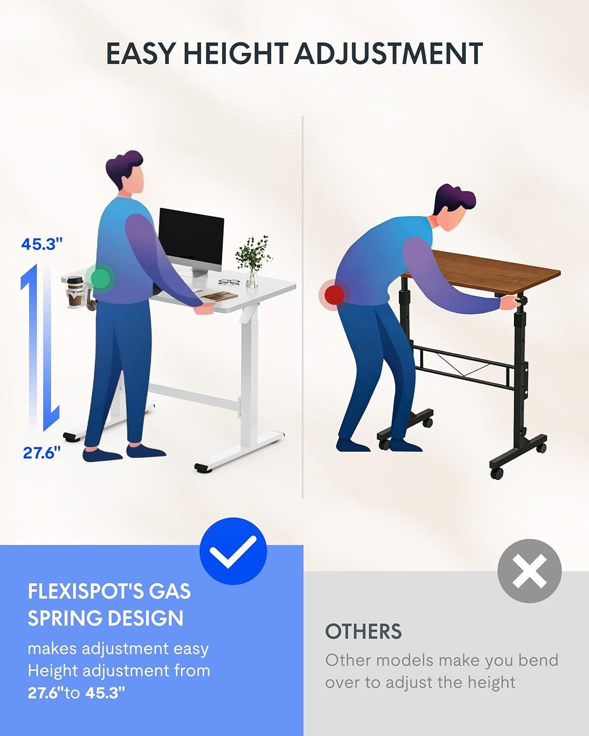 image:imageFLEXISPOT H7 Plus Gas Spring Adjustable Standing Desk Mobile Rolling SitStand Workstation with Wheel Cordless Stand Up Desk for Small Room amp Home Office 32 OnePiece Desktop Mapleheight 27645White