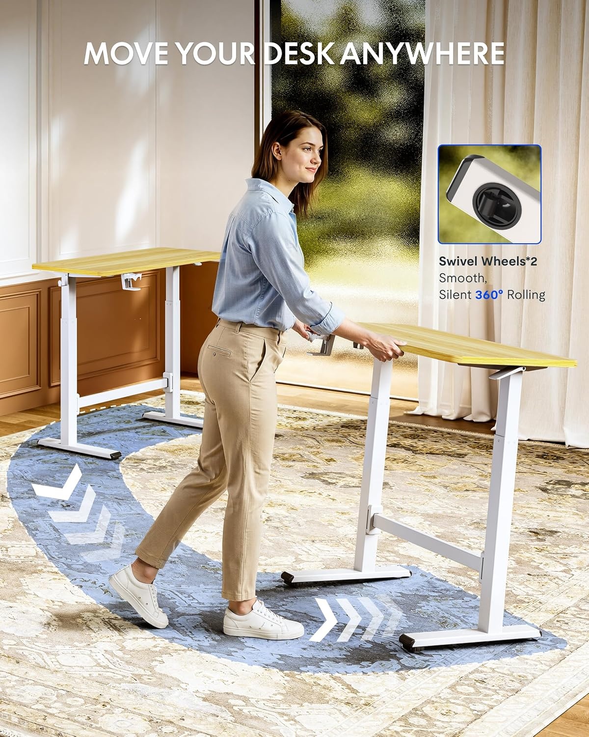 image:imageFLEXISPOT H7 Plus Gas Spring Adjustable Standing Desk Mobile Rolling SitStand Workstation with Wheel Cordless Stand Up Desk for Small Room amp Home Office 32 OnePiece Desktop Mapleheight 27645Maple