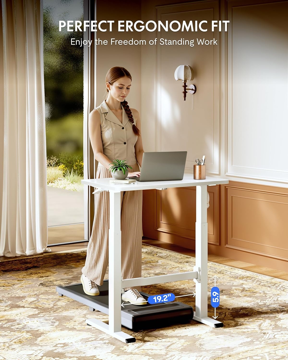 image:imageFLEXISPOT H7 Plus Gas Spring Adjustable Standing Desk Mobile Rolling SitStand Workstation with Wheel Cordless Stand Up Desk for Small Room amp Home Office 32 OnePiece Desktop Mapleheight 27645White