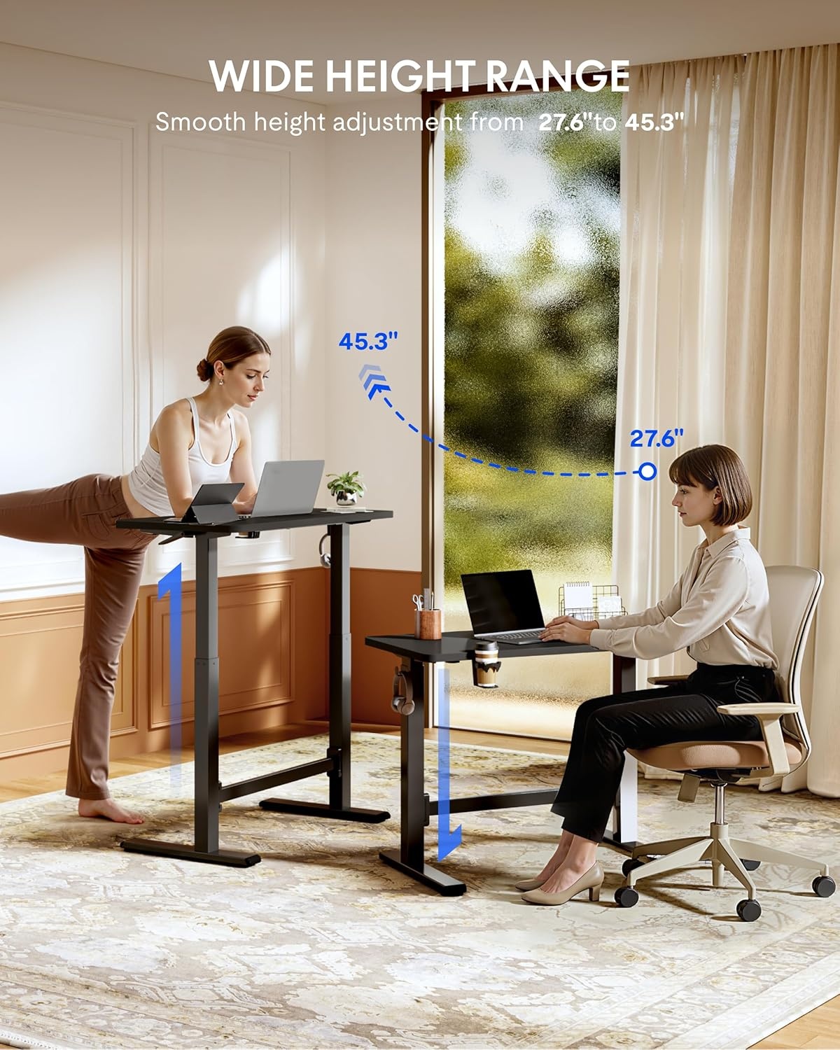 image:imageFLEXISPOT H7 Plus Gas Spring Adjustable Standing Desk Mobile Rolling SitStand Workstation with Wheel Cordless Stand Up Desk for Small Room amp Home Office 32 OnePiece Desktop Mapleheight 27645Black