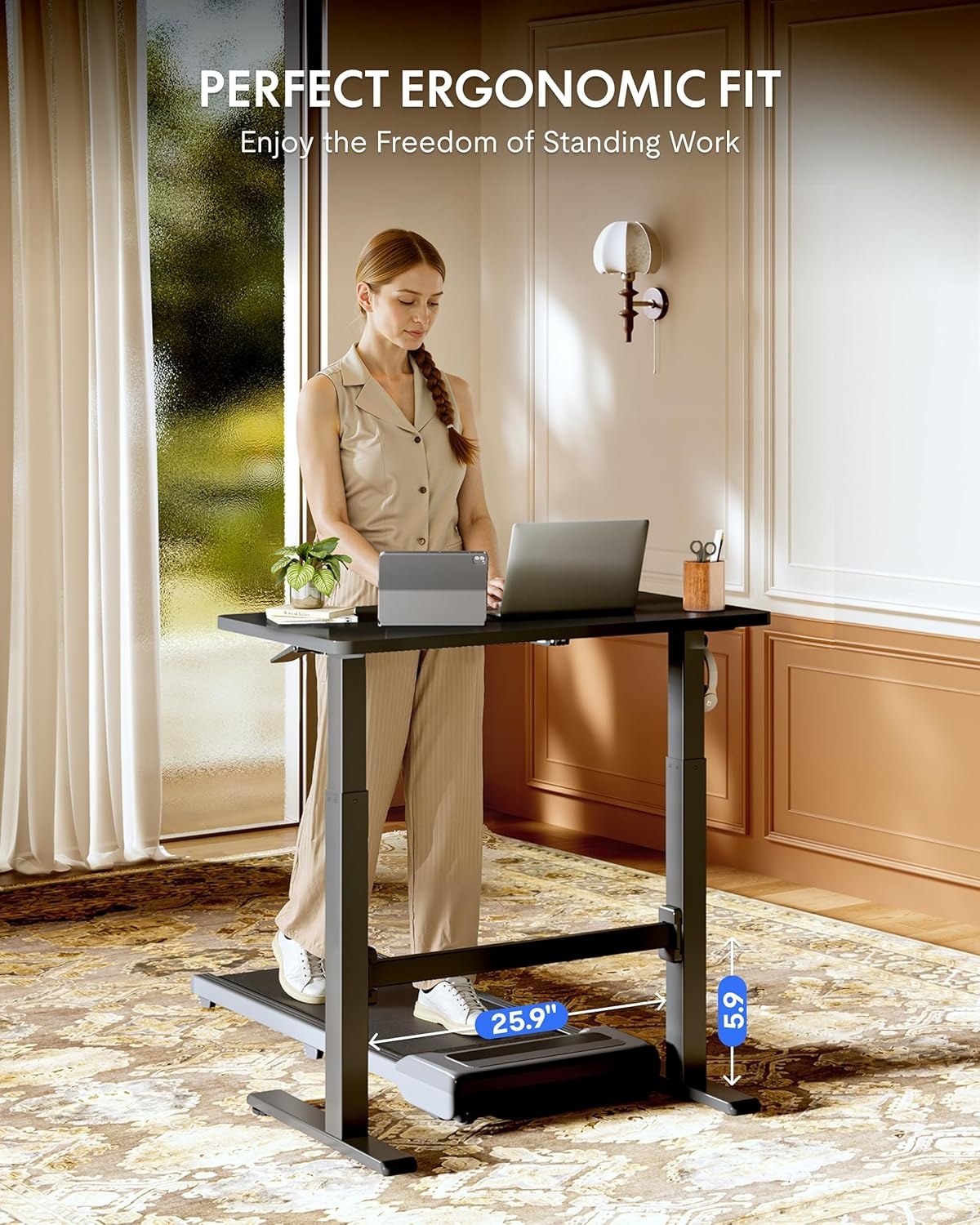 image:imageFLEXISPOT H7 Plus Gas Spring Adjustable Standing Desk Mobile Rolling SitStand Workstation with Wheel Cordless Stand Up Desk for Small Room amp Home Office 32 OnePiece Desktop Mapleheight 27645Black