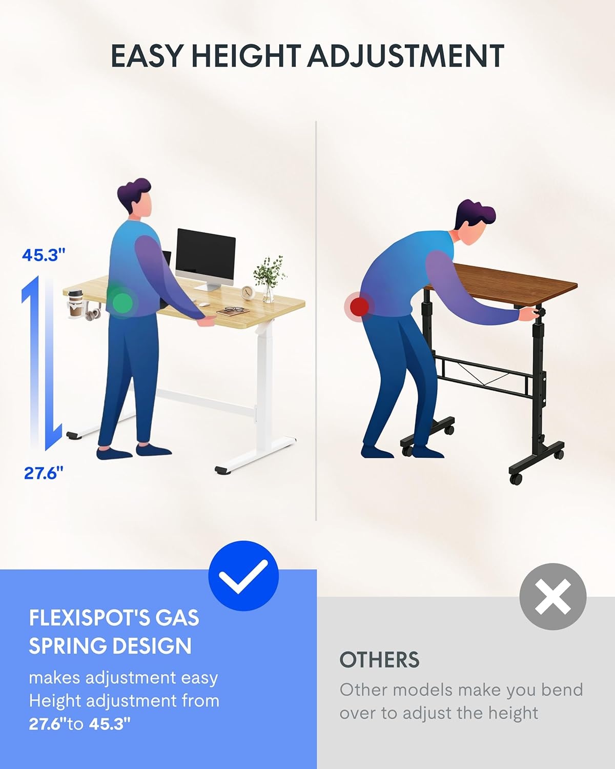 image:imageFLEXISPOT H7 Plus Gas Spring Adjustable Standing Desk Mobile Rolling SitStand Workstation with Wheel Cordless Stand Up Desk for Small Room amp Home Office 32 OnePiece Desktop Mapleheight 27645Maple