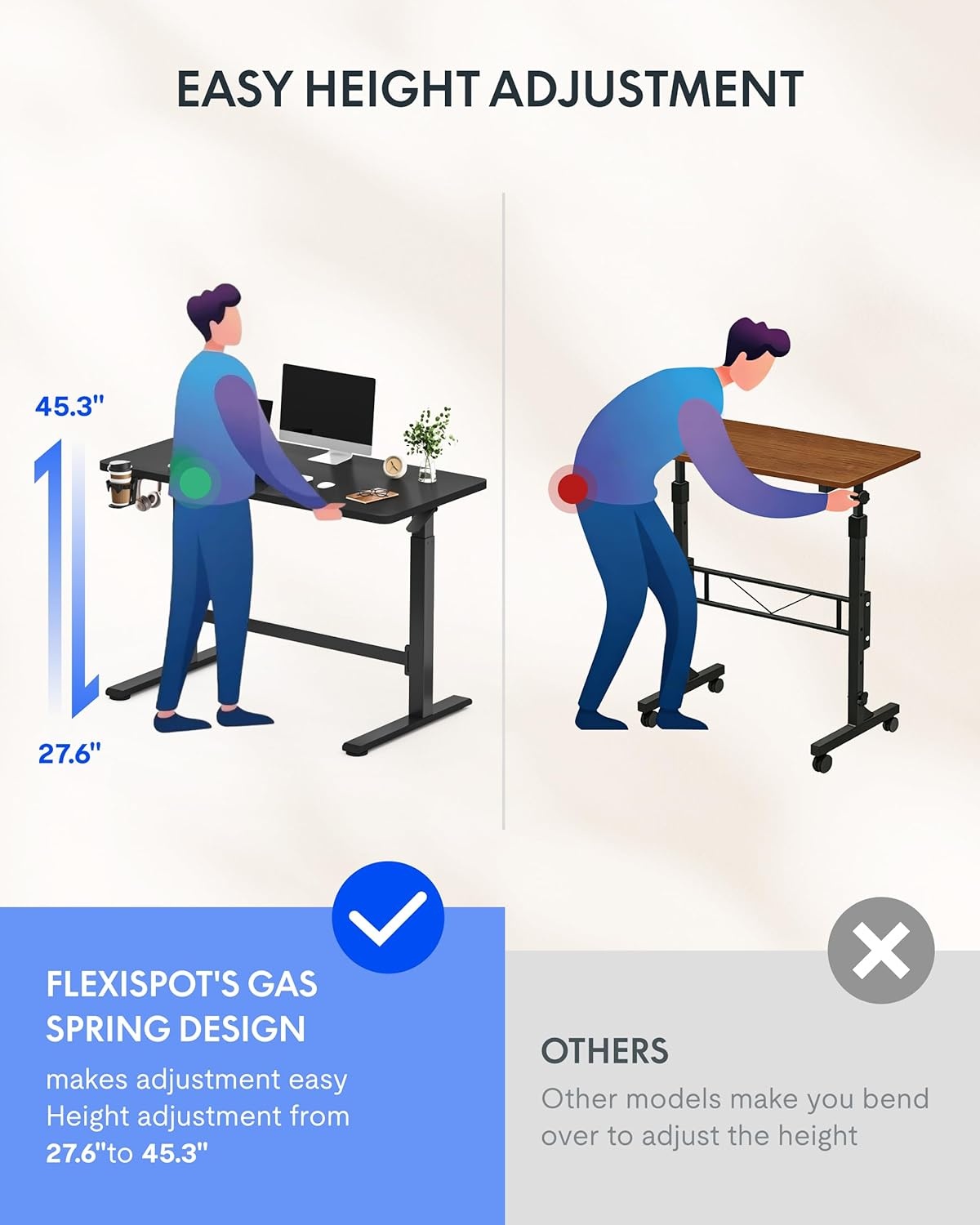 image:imageFLEXISPOT H7 Plus Gas Spring Adjustable Standing Desk Mobile Rolling SitStand Workstation with Wheel Cordless Stand Up Desk for Small Room amp Home Office 32 OnePiece Desktop Mapleheight 27645Black
