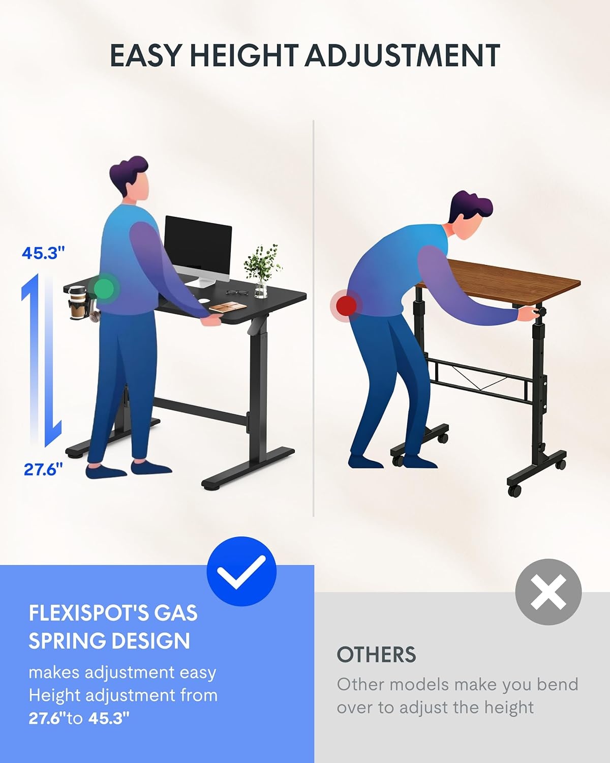 image:imageFLEXISPOT H7 Plus Gas Spring Adjustable Standing Desk Mobile Rolling SitStand Workstation with Wheel Cordless Stand Up Desk for Small Room amp Home Office 32 OnePiece Desktop Mapleheight 27645Black