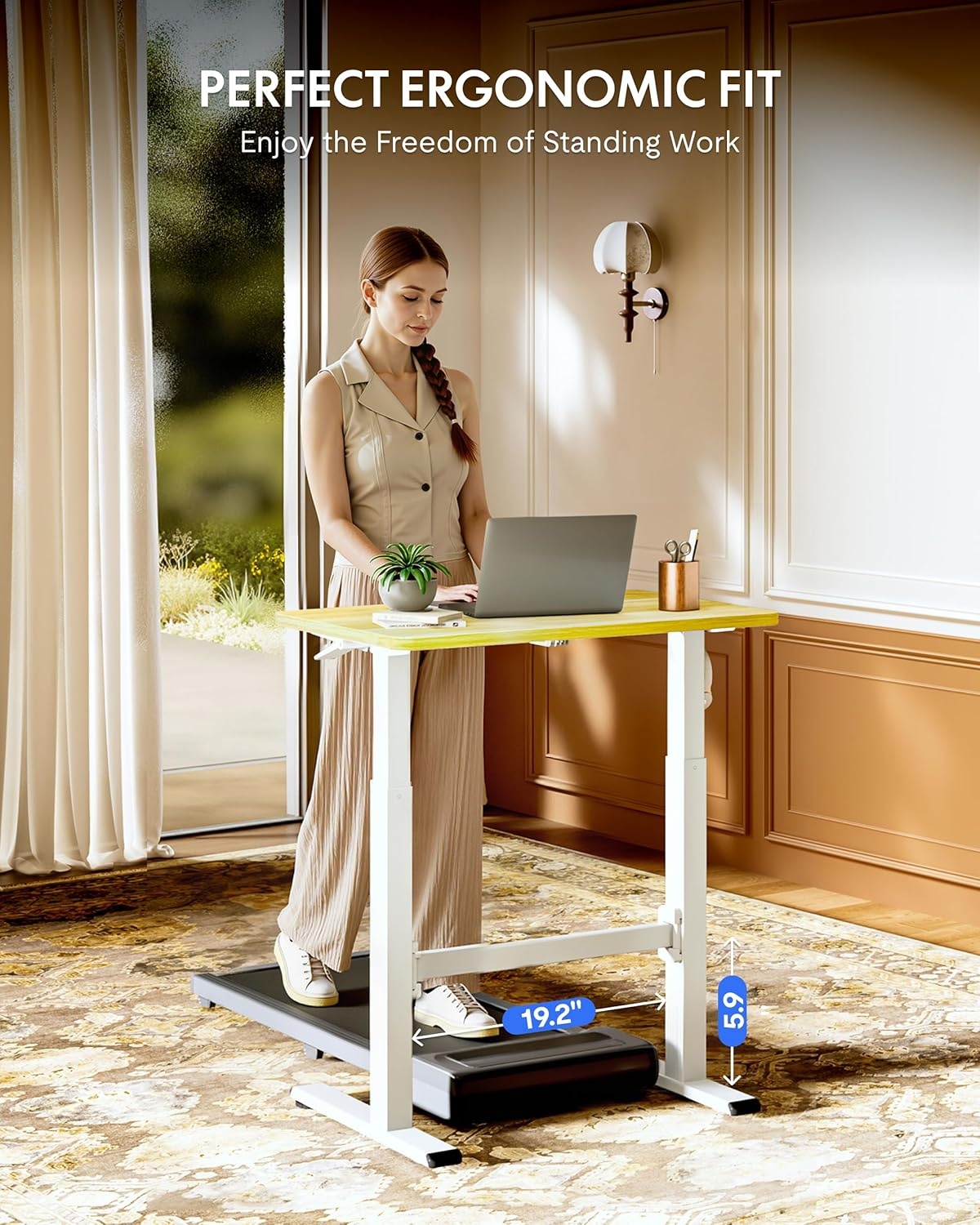 image:imageFLEXISPOT H7 Plus Gas Spring Adjustable Standing Desk Mobile Rolling SitStand Workstation with Wheel Cordless Stand Up Desk for Small Room amp Home Office 32 OnePiece Desktop Mapleheight 27645Maple