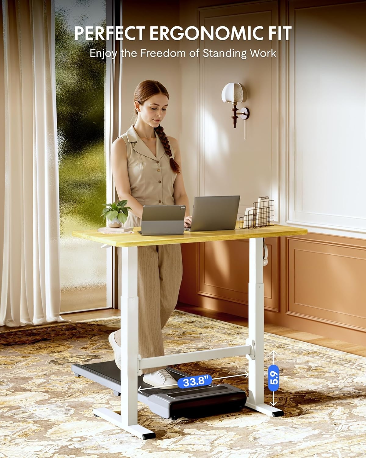 image:imageFLEXISPOT H7 Plus Gas Spring Adjustable Standing Desk Mobile Rolling SitStand Workstation with Wheel Cordless Stand Up Desk for Small Room amp Home Office 32 OnePiece Desktop Mapleheight 27645Maple