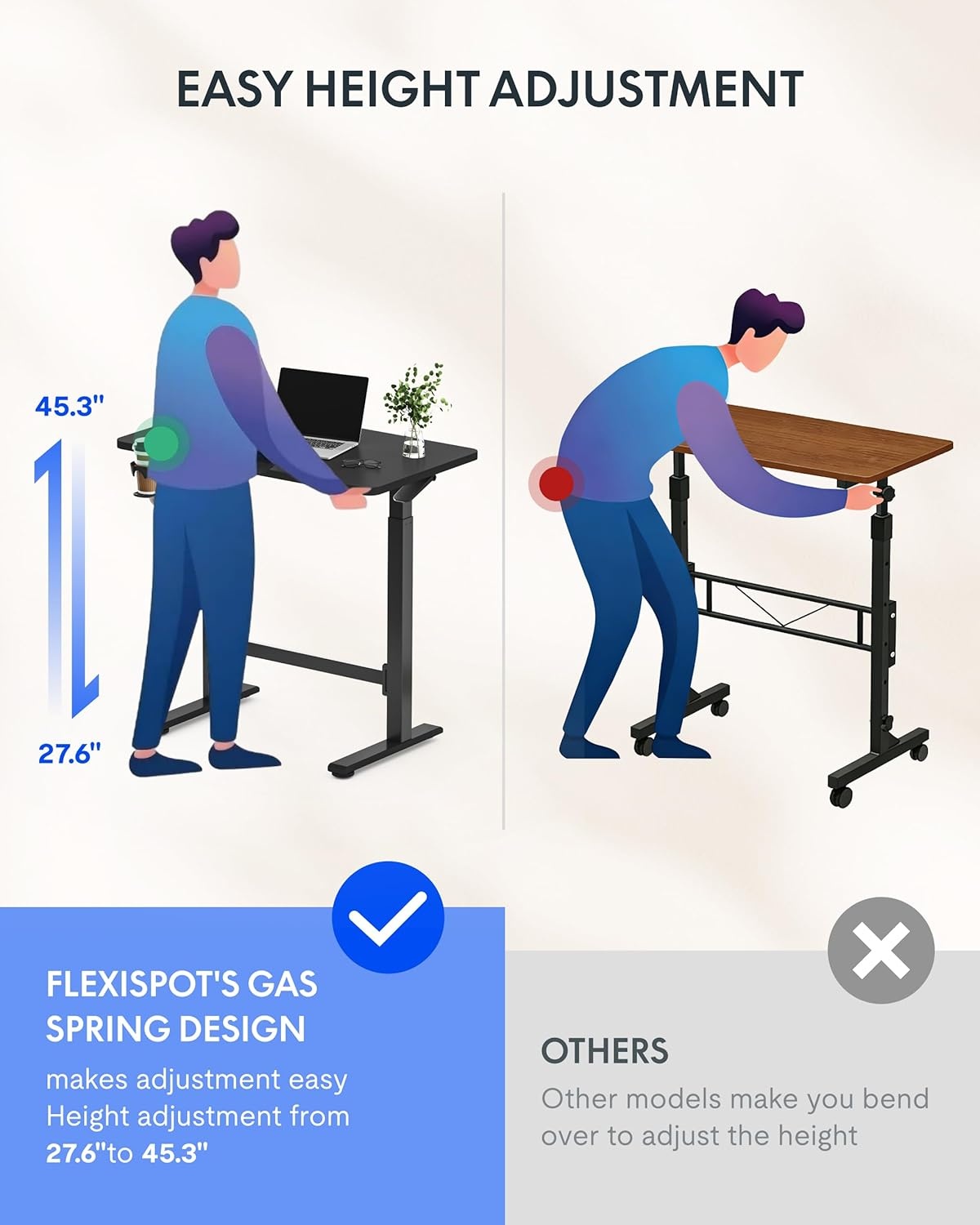 image:imageFLEXISPOT H7 Plus Gas Spring Adjustable Standing Desk Mobile Rolling SitStand Workstation with Wheel Cordless Stand Up Desk for Small Room amp Home Office 32 OnePiece Desktop Mapleheight 27645Black