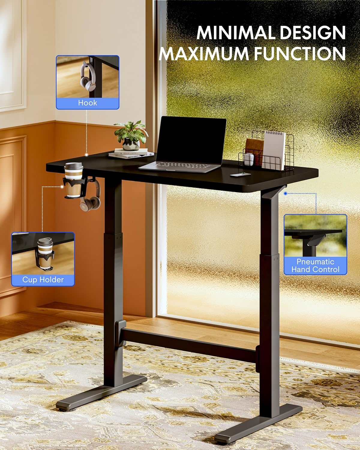 image:imageFLEXISPOT H7 Plus Gas Spring Adjustable Standing Desk Mobile Rolling SitStand Workstation with Wheel Cordless Stand Up Desk for Small Room amp Home Office 32 OnePiece Desktop Mapleheight 27645Black