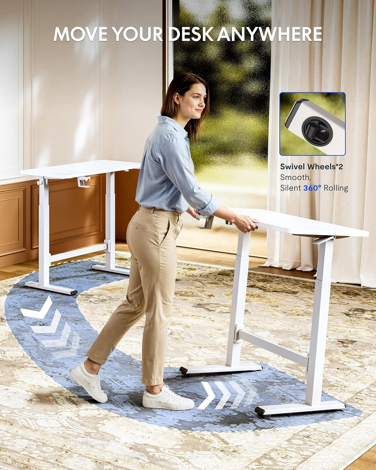image:imageFLEXISPOT H7 Plus Gas Spring Adjustable Standing Desk Mobile Rolling SitStand Workstation with Wheel Cordless Stand Up Desk for Small Room amp Home Office 32 OnePiece Desktop Mapleheight 27645White