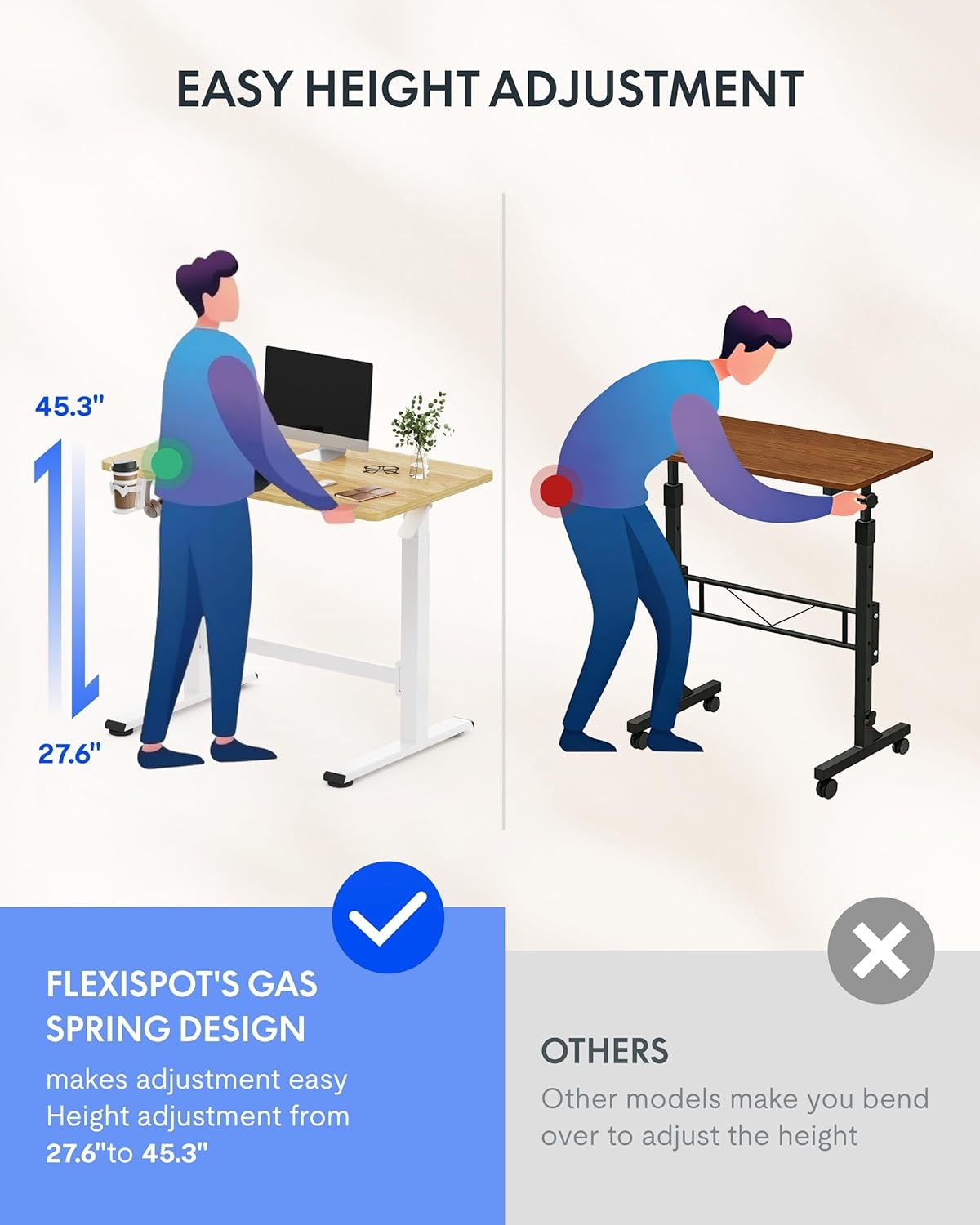 image:imageFLEXISPOT H7 Plus Gas Spring Adjustable Standing Desk Mobile Rolling SitStand Workstation with Wheel Cordless Stand Up Desk for Small Room amp Home Office 32 OnePiece Desktop Mapleheight 27645Maple