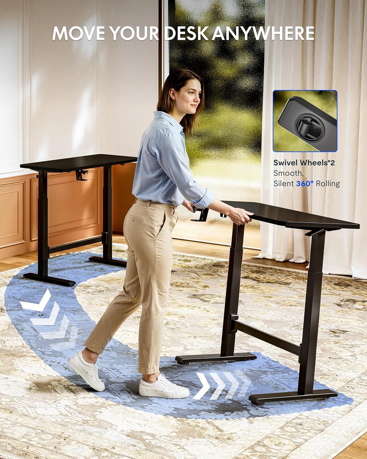 image:imageFLEXISPOT H7 Plus Gas Spring Adjustable Standing Desk Mobile Rolling SitStand Workstation with Wheel Cordless Stand Up Desk for Small Room amp Home Office 32 OnePiece Desktop Mapleheight 27645Black