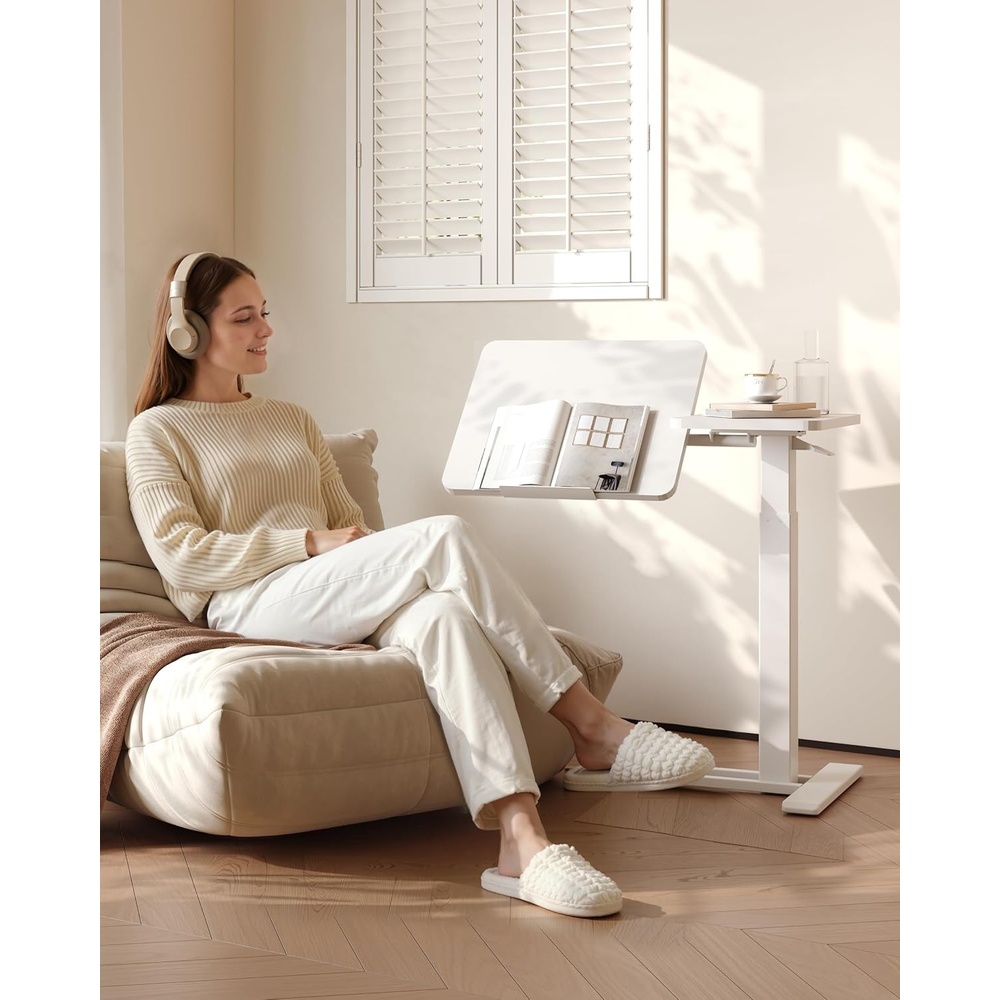 image:imageFLEXISPOT Adjustable Height CShaped End Table with Split Tilting Top Mobile Side Table for Sofa amp Bedside Slides Under Furniture Hidden Wheels for Small Spaces316W x 157DWhite Wood GrainWhite
